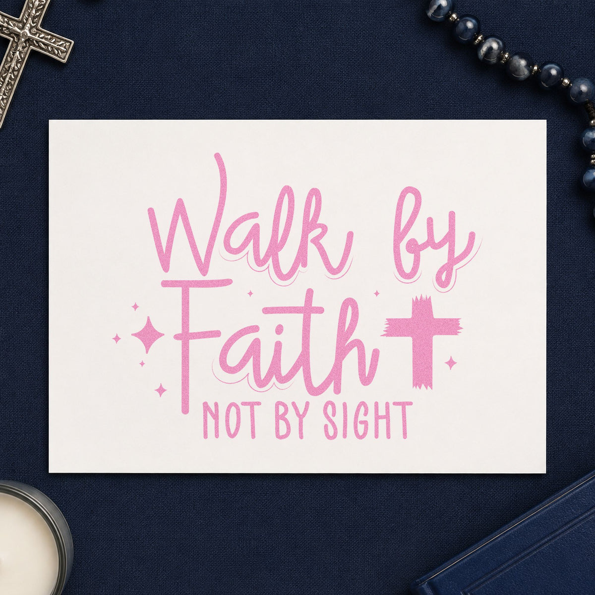 Walk by Faith Cross craft stamp in purple ink on cardstock, an easy option for graduation gift tags.