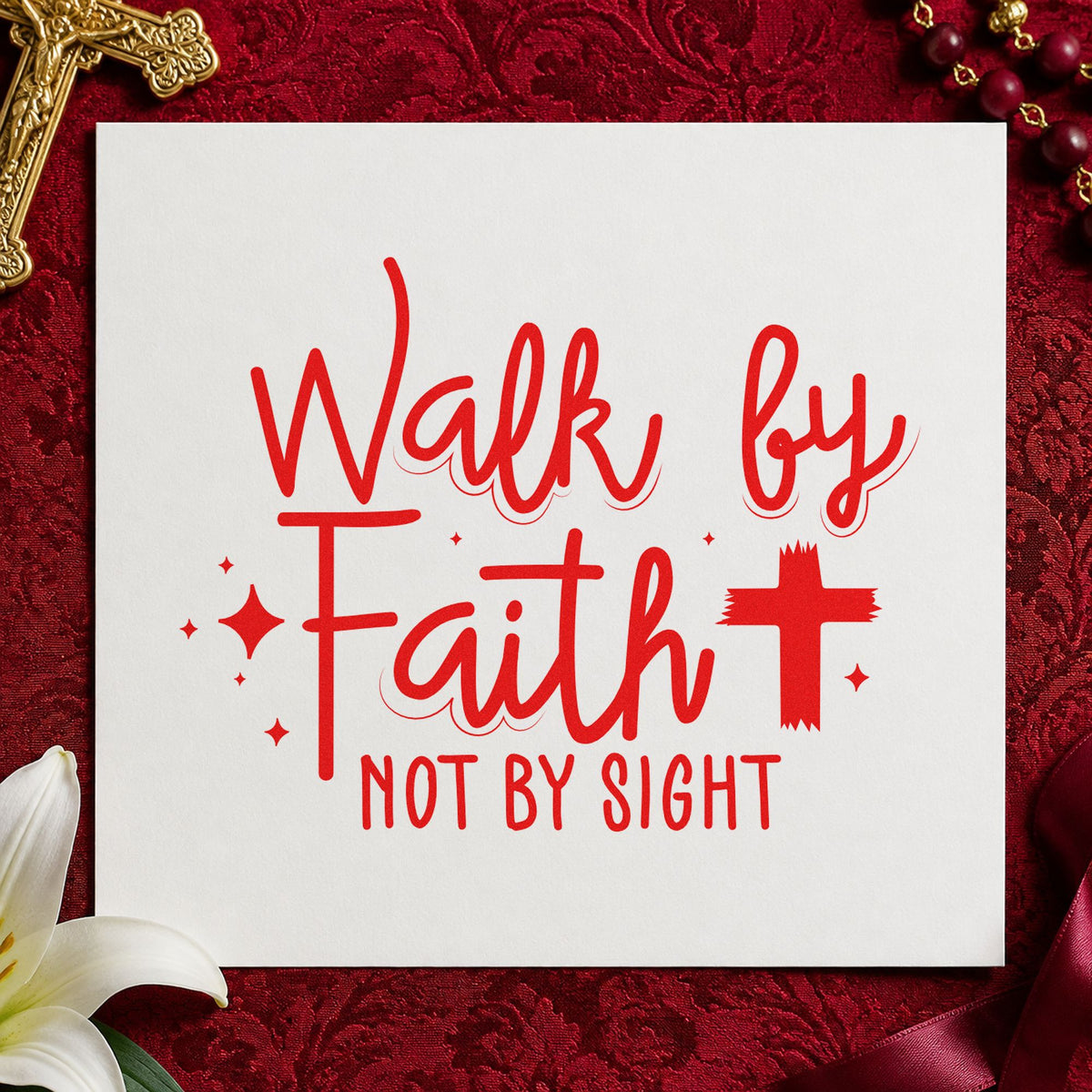 Walk by Faith Cross rubber stamp shown in red ink, stamped for projects such as missionary send-offs.