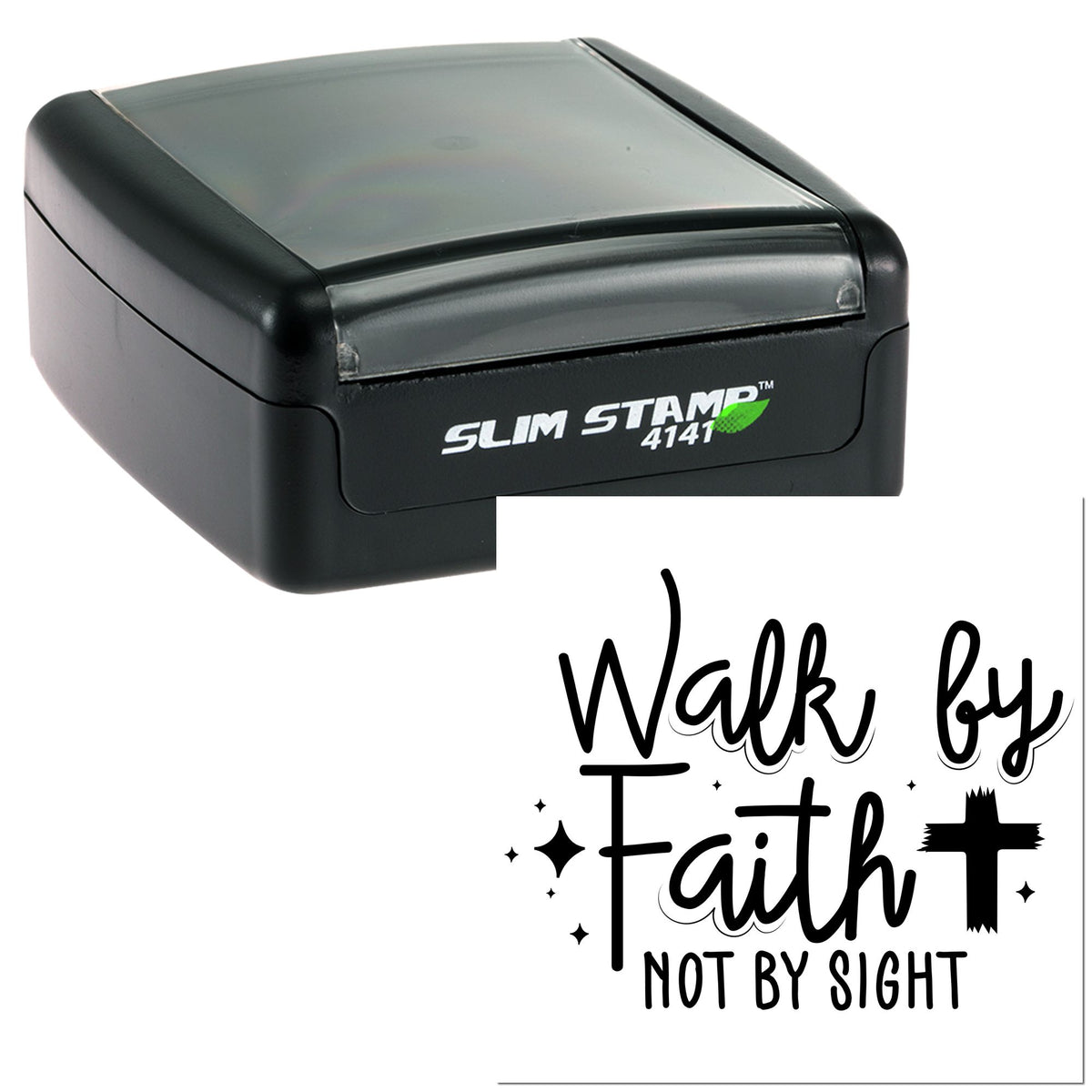 Black self-inking stamp and seal, Slim Stamp 4141, with clear cap and Walk by Faith, Not by Sight design in black.