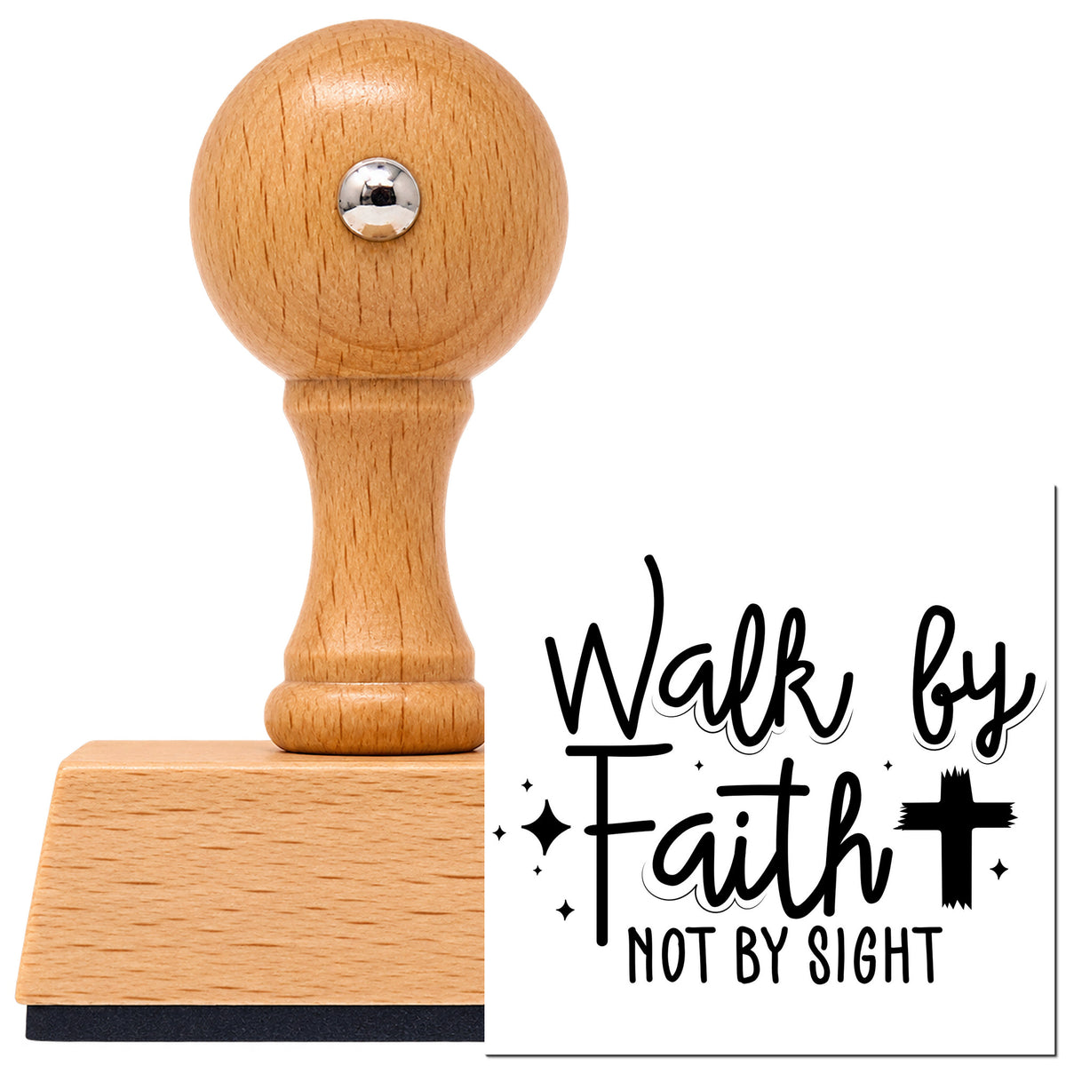 Vintage Pro beech wood stamp with a round knob handle, shown with its black Walk By Faith Cross Accent imprint on white.