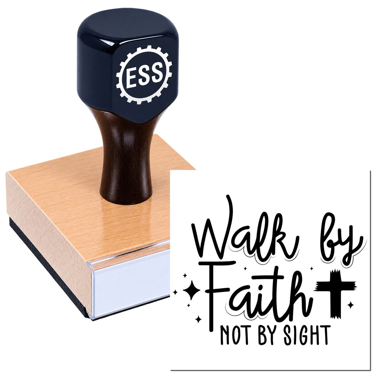 Black ESS stamp and copper seal block with "Walk by Faith Not by Sight" design on white background.