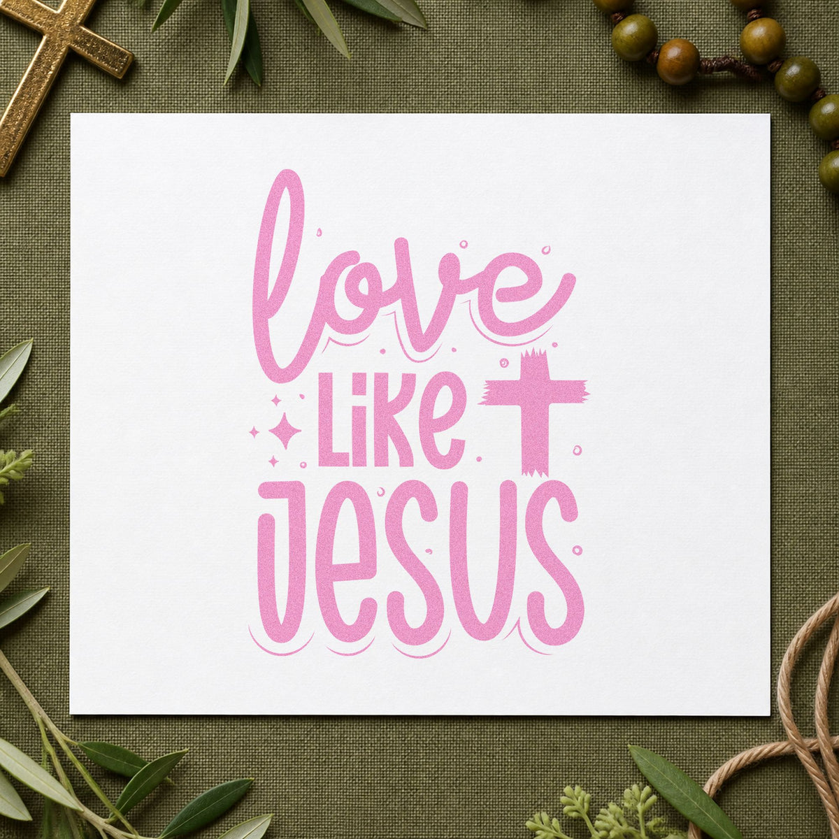Love Like Jesus craft stamp in purple ink on cardstock, an easy option for kindness club tags.