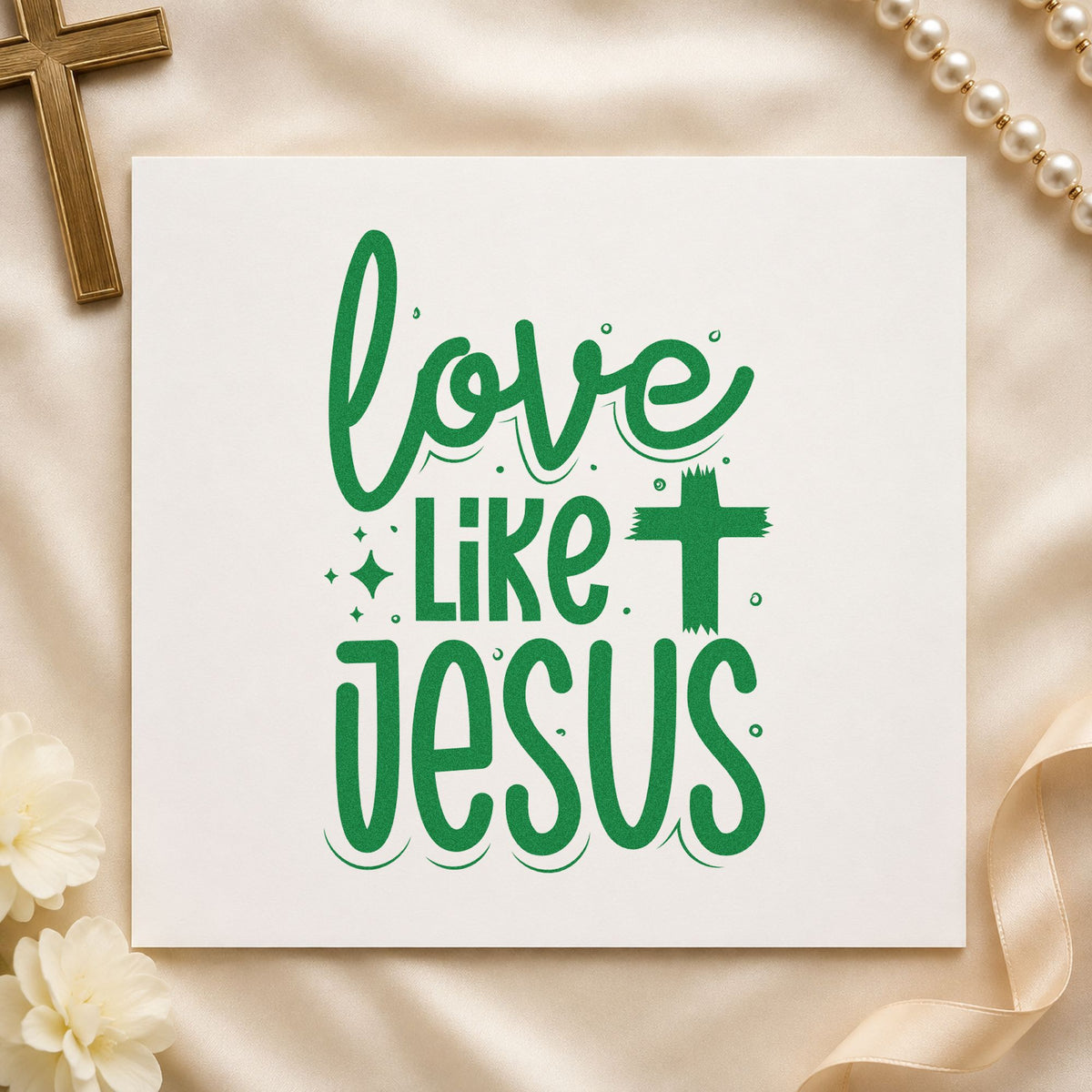 Love Like Jesus craft stamp imprint in green ink on a handmade project, one idea being sunday school crafts.