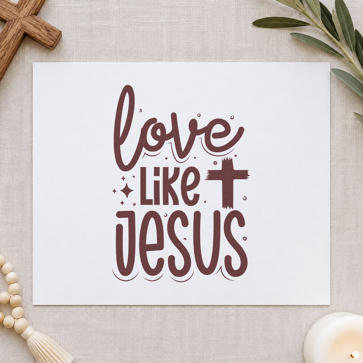 Love Like Jesus rubber stamp printed in brown ink, ready for service project pages and similar paper crafts.