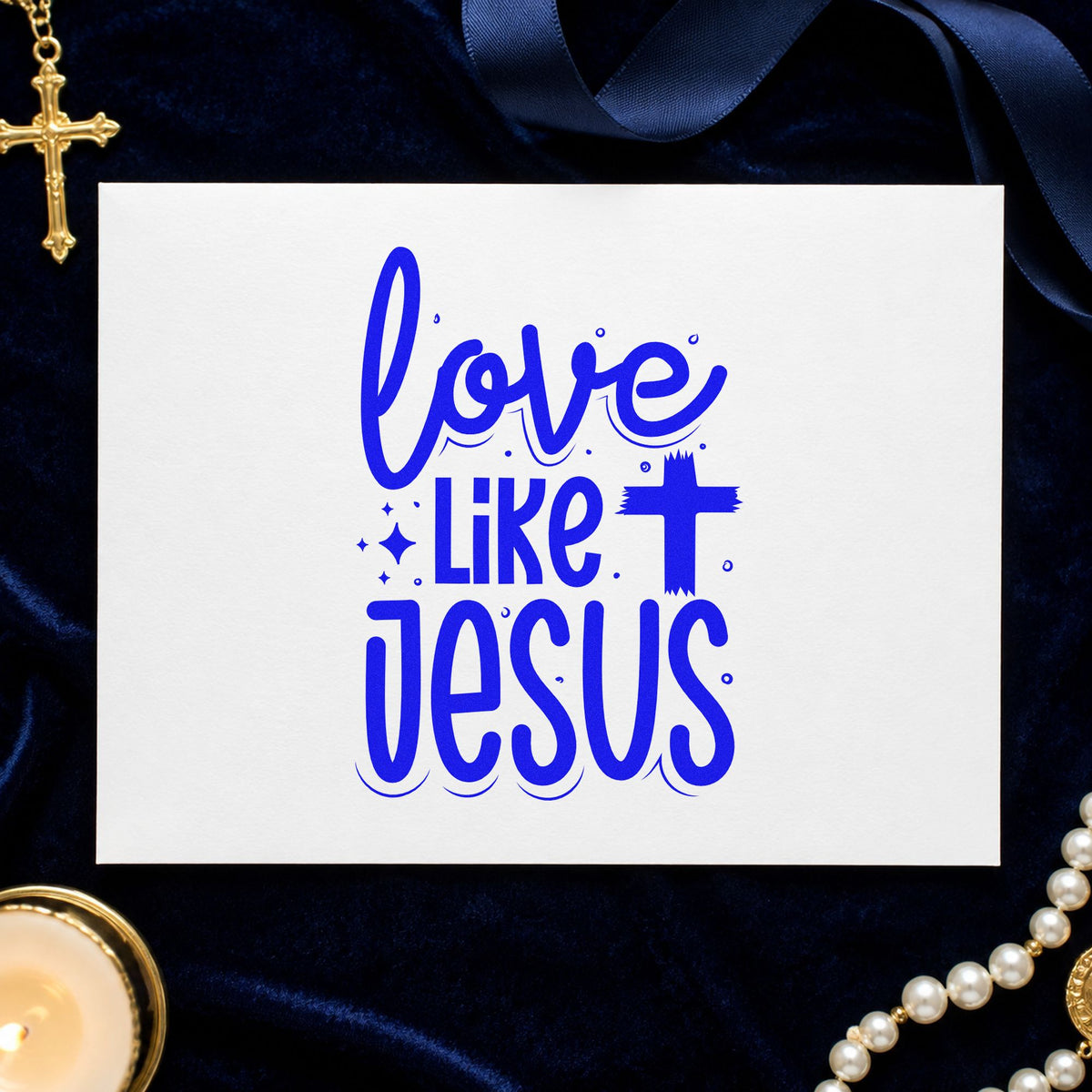 Love Like Jesus craft stamp in blue ink on cardstock, an easy option for meal train labels.