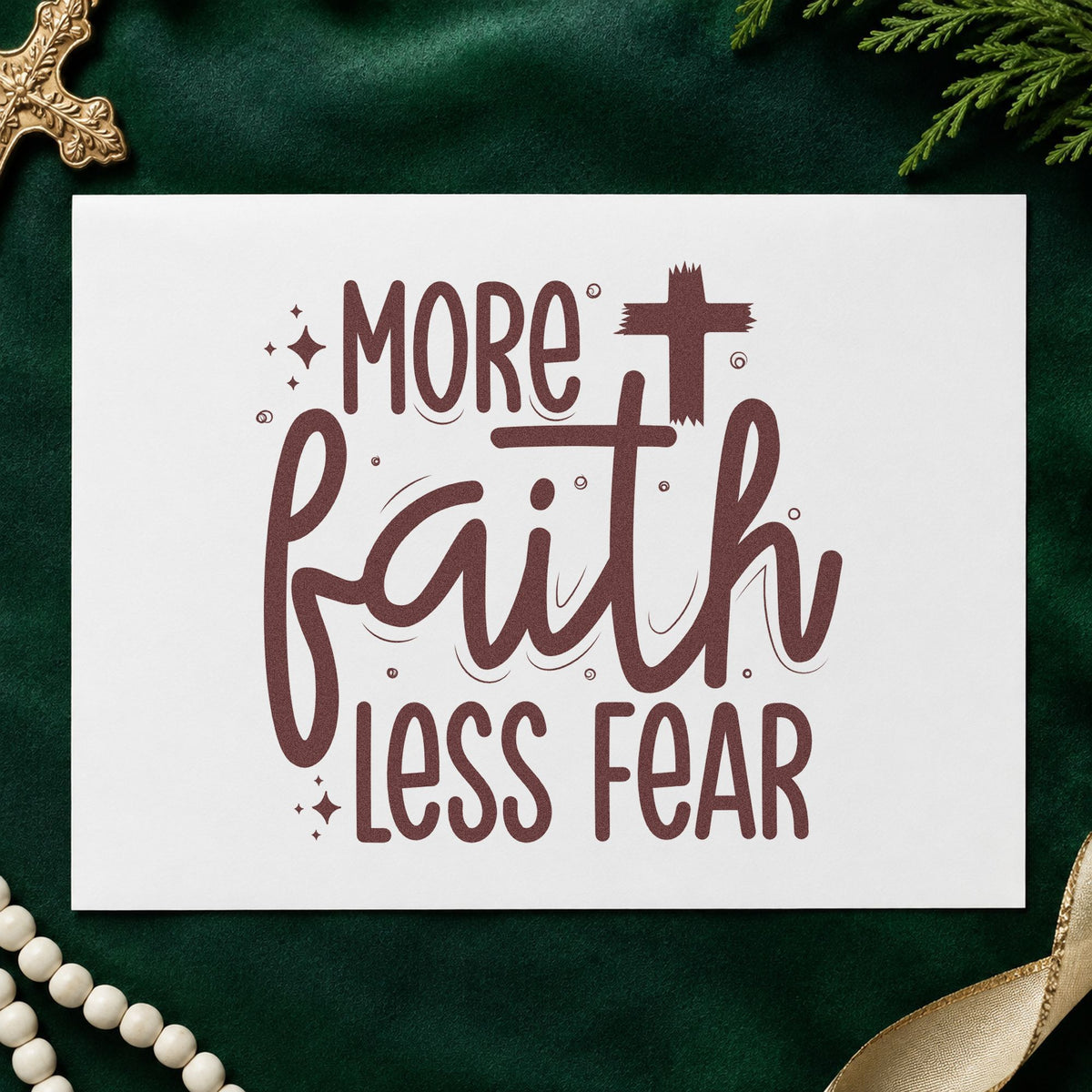 More Faith Less Fear rubber stamp printed in brown ink, ready for courage scrapbooks and similar paper crafts.