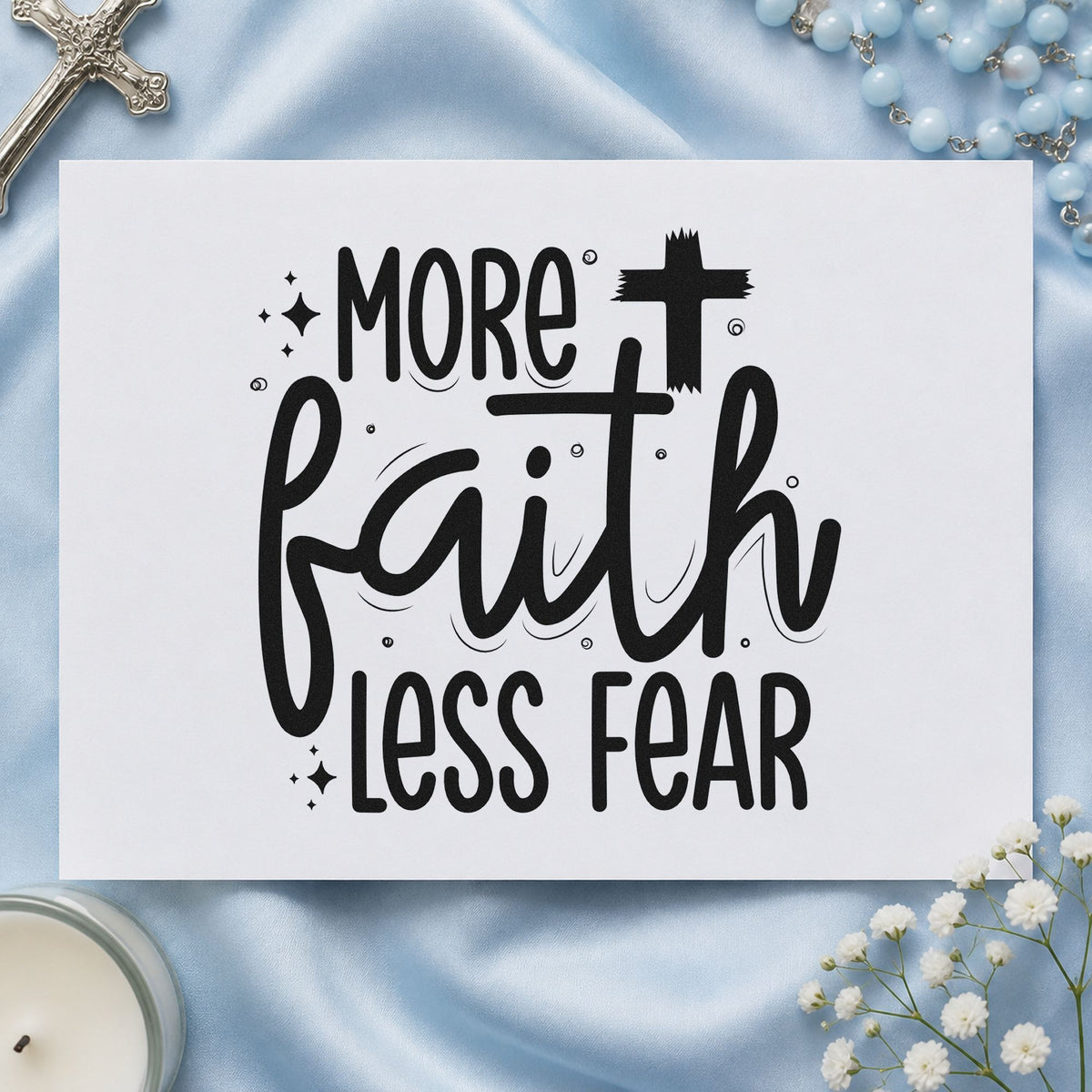 More Faith Less Fear rubber stamp printed in black ink, ready for more faith cards and similar paper crafts.