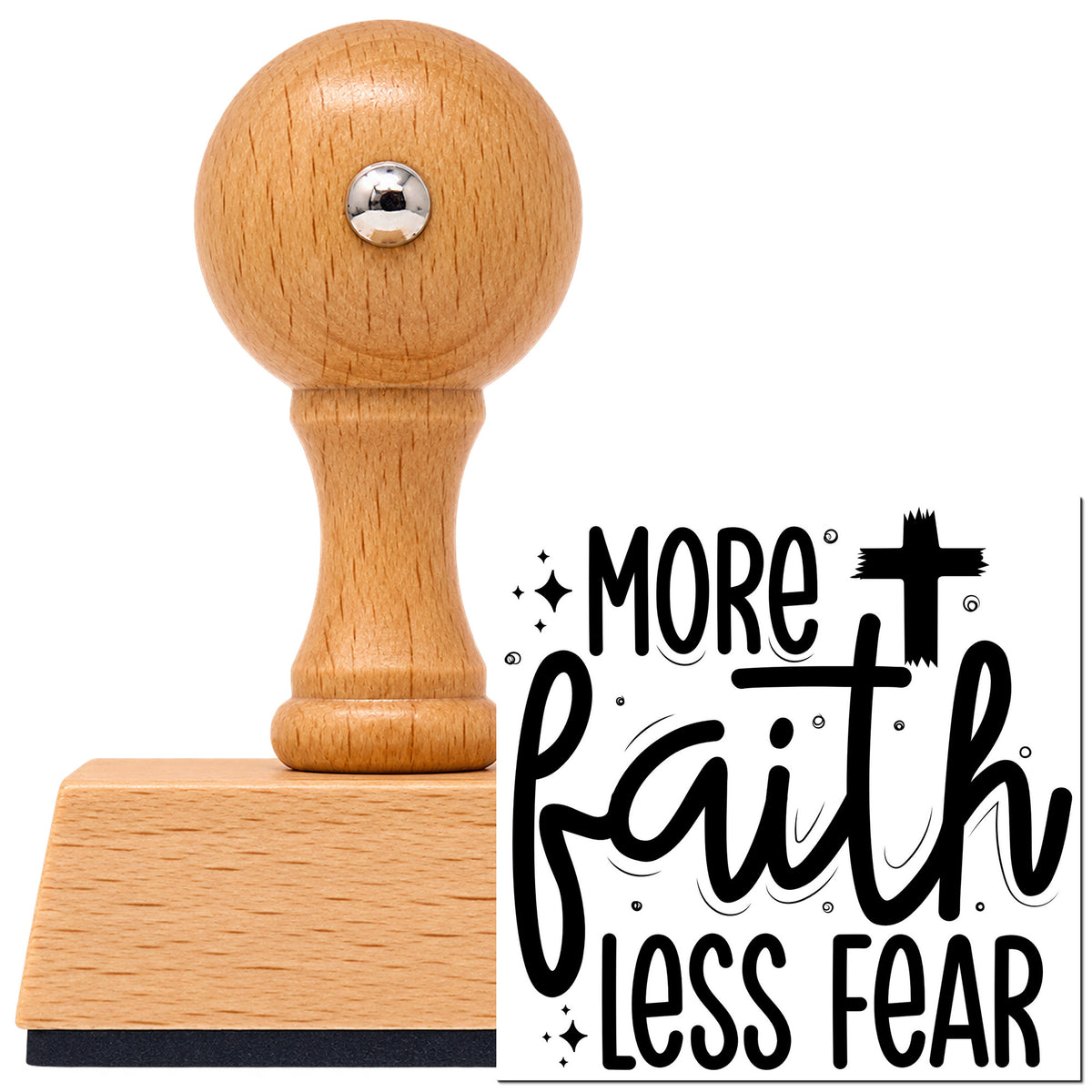 Vintage Pro beech wood stamp with a round knob handle, shown with its black More Faith, Less Fear With Cross imprint on white.