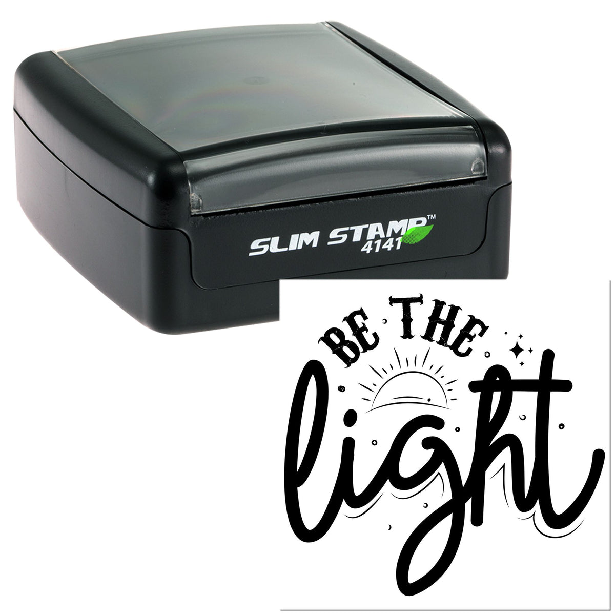 Black Slim Stamp 4141 with clear lid and black Be the light custom seal design.