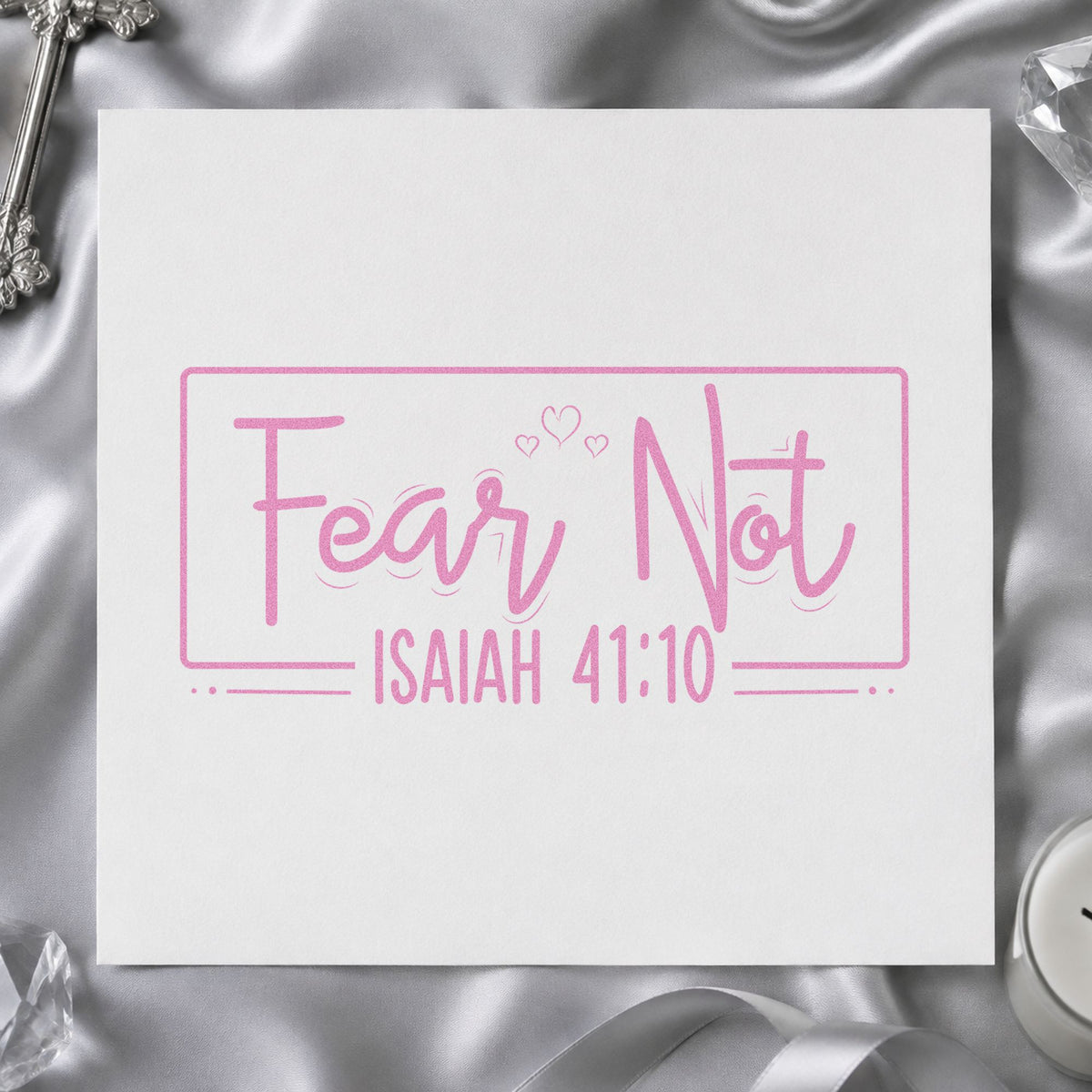 Fear Not Heart Frame craft stamp in purple ink on cardstock, an easy option for moving day tags.