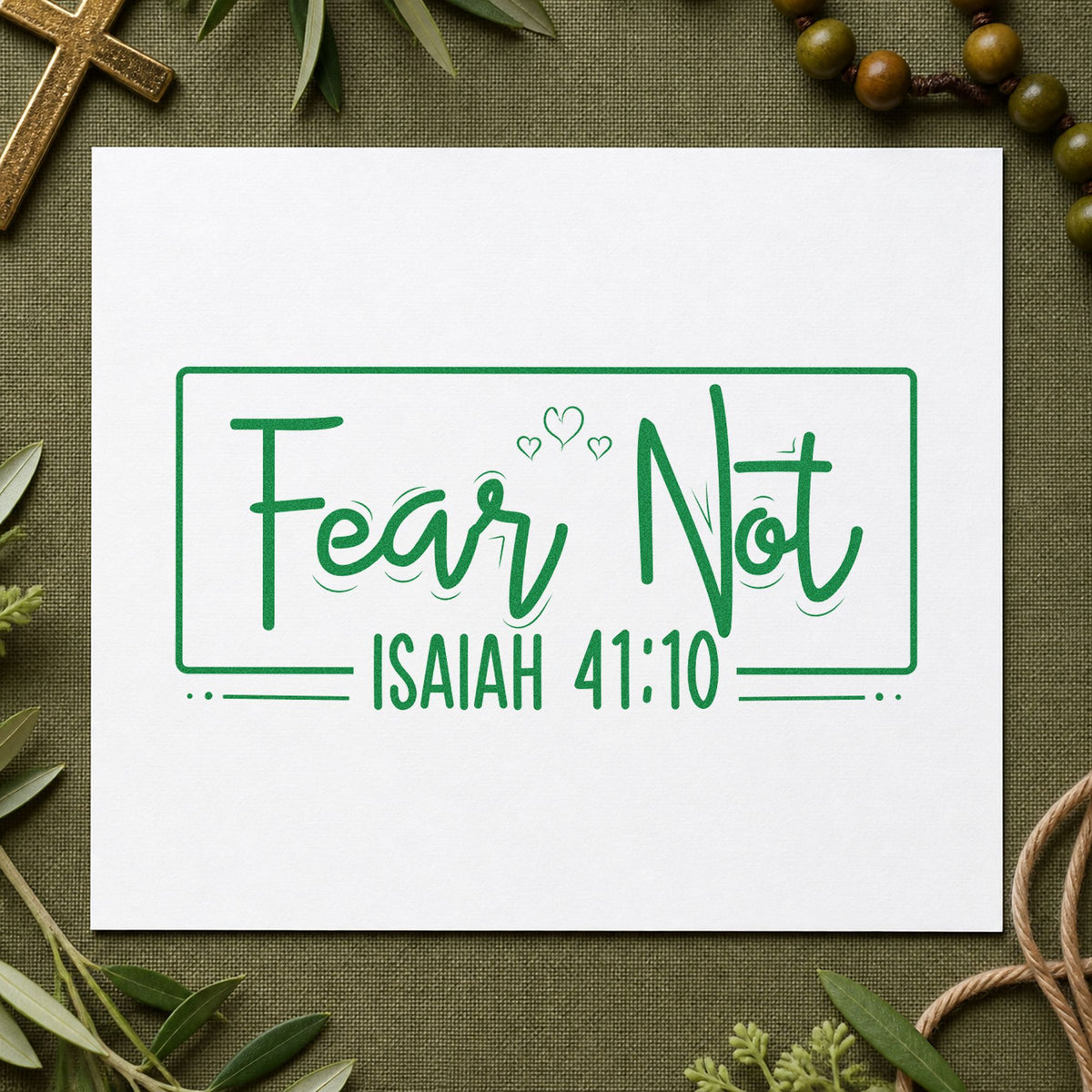 Fear Not Heart Frame craft stamp imprint in green ink on a handmade project, one idea being bookmark crafts.