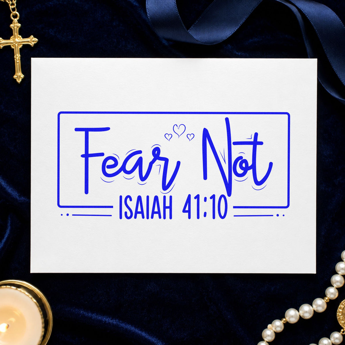 Fear Not Heart Frame craft stamp imprinted in blue ink on paper, a design suited to hospital room signs.