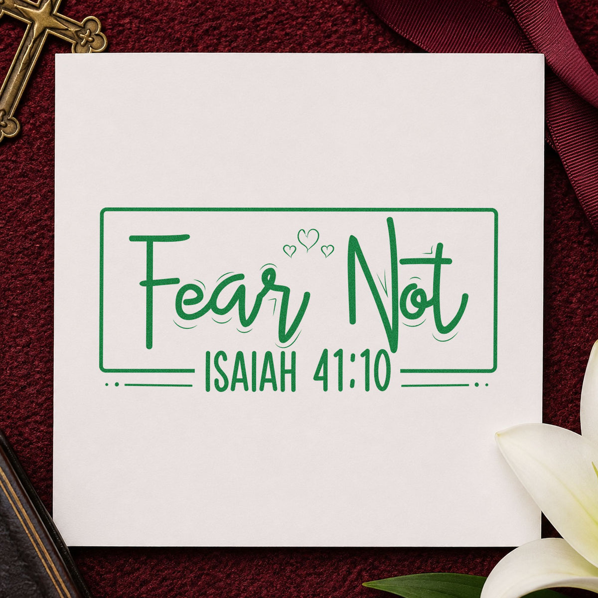 Fear Not Heart Frame craft stamp imprint in green ink on a handmade project, one idea being framed nursery art.