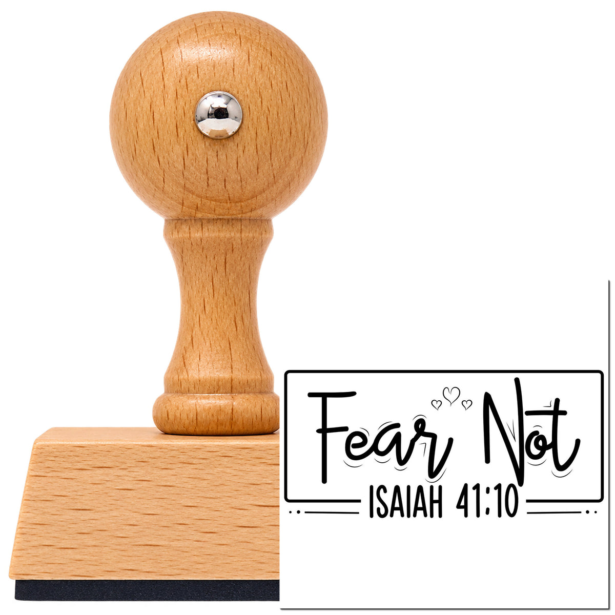 Vintage Pro beech wood stamp with a round knob handle, shown with its black Fear Not Heart Framed Lettering imprint on white.