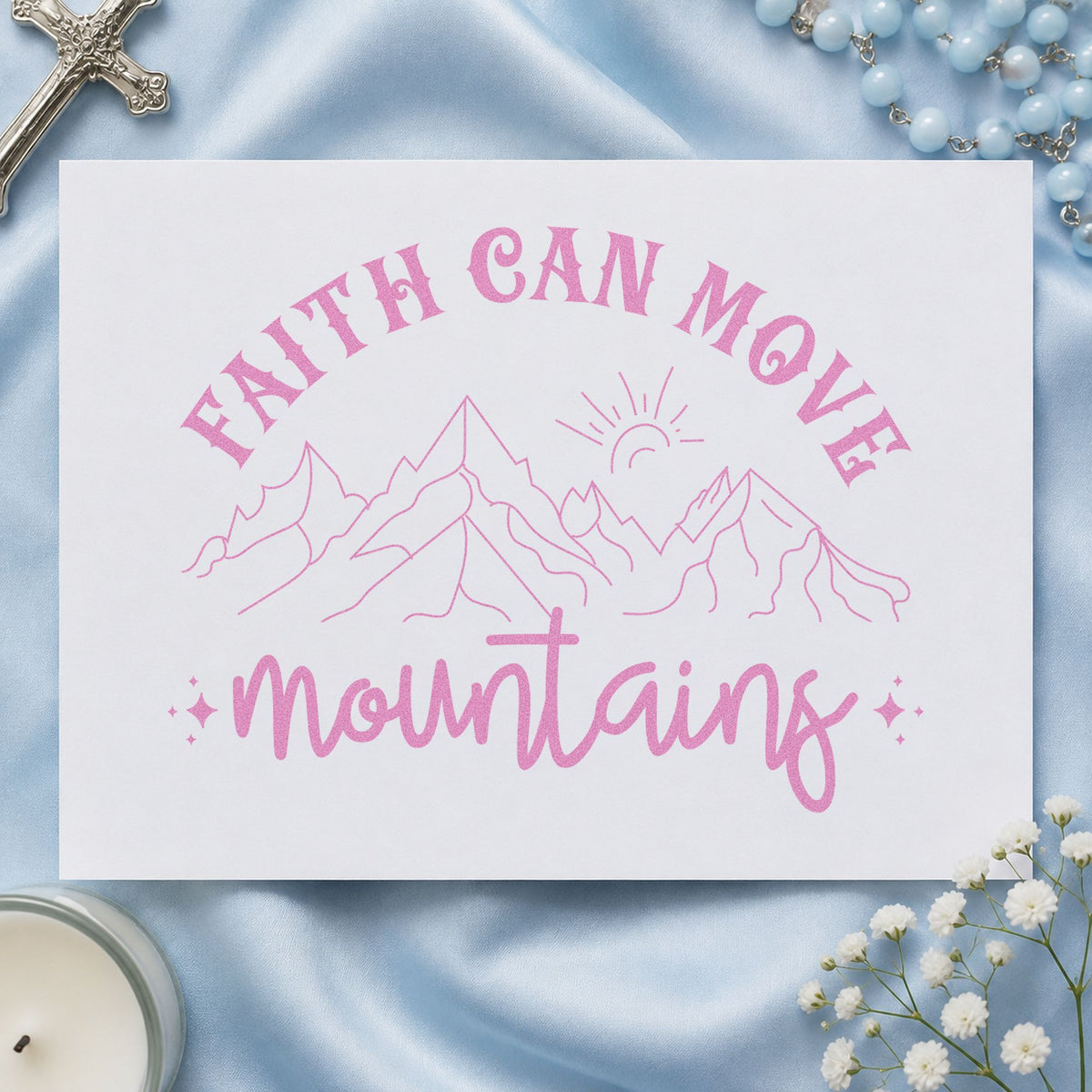 Faith Can Move Outlined Mountains craft stamp in purple ink on cardstock, an easy option for summit gift tags.