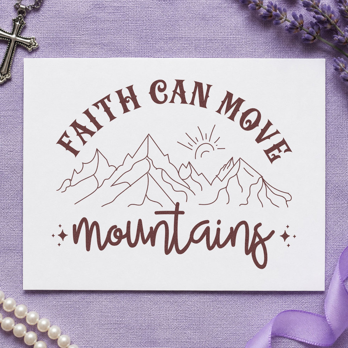 Faith Can Move Outlined Mountains rubber stamp printed in brown ink, ready for adventure scrapbooks and similar paper crafts.