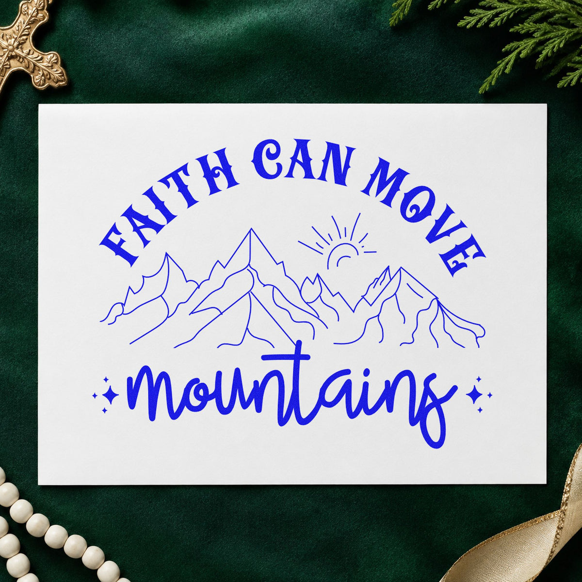 Faith Can Move Outlined Mountains craft stamp in blue ink on cardstock, an easy option for base camp tees.