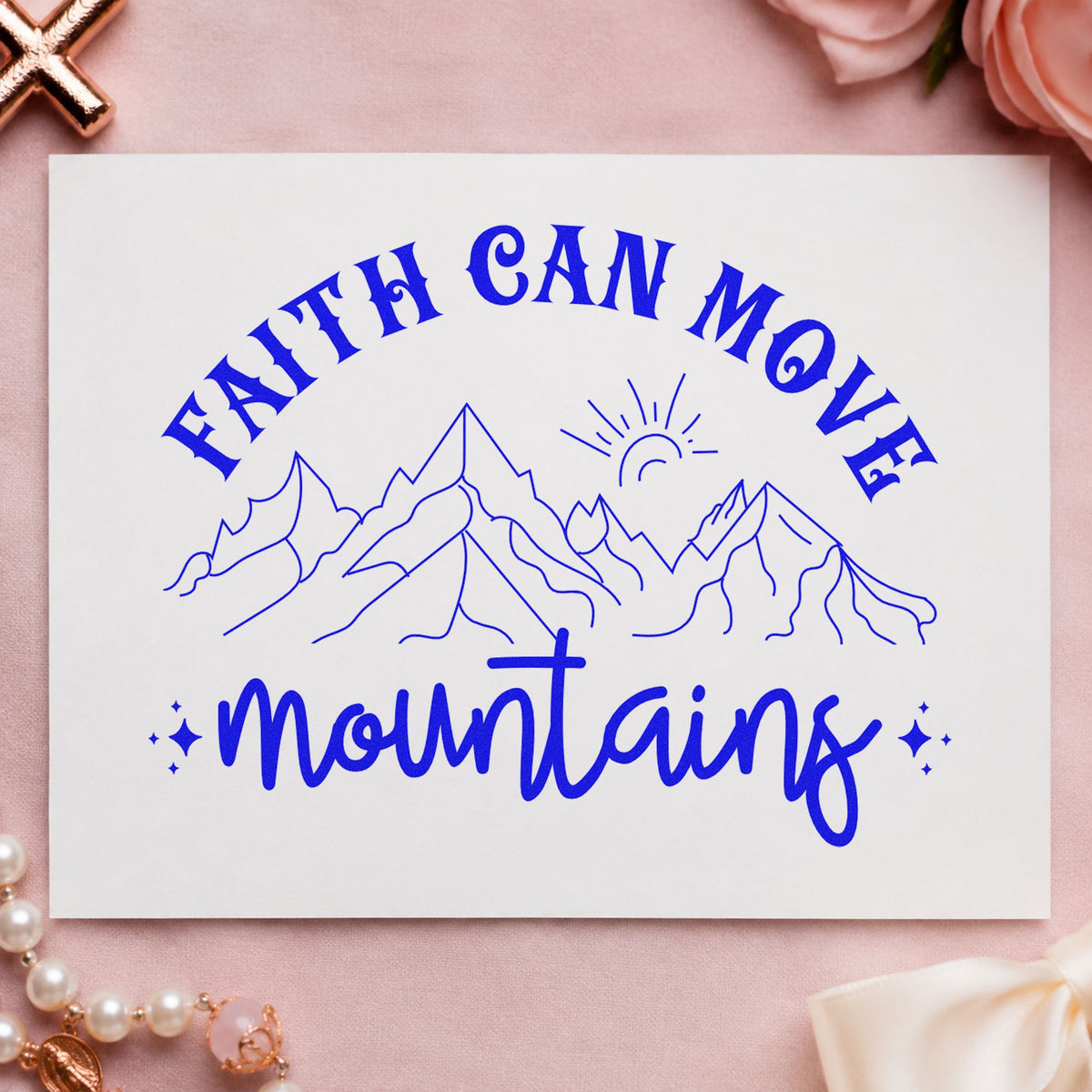 Faith Can Move Outlined Mountains craft stamp imprinted in blue ink on paper, a design suited to retreat name badges.