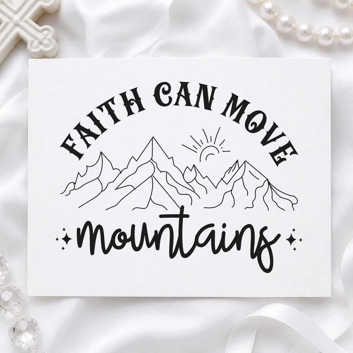 Faith Can Move Outlined Mountains rubber stamp printed in black ink, ready for faith moves cards and similar paper crafts.