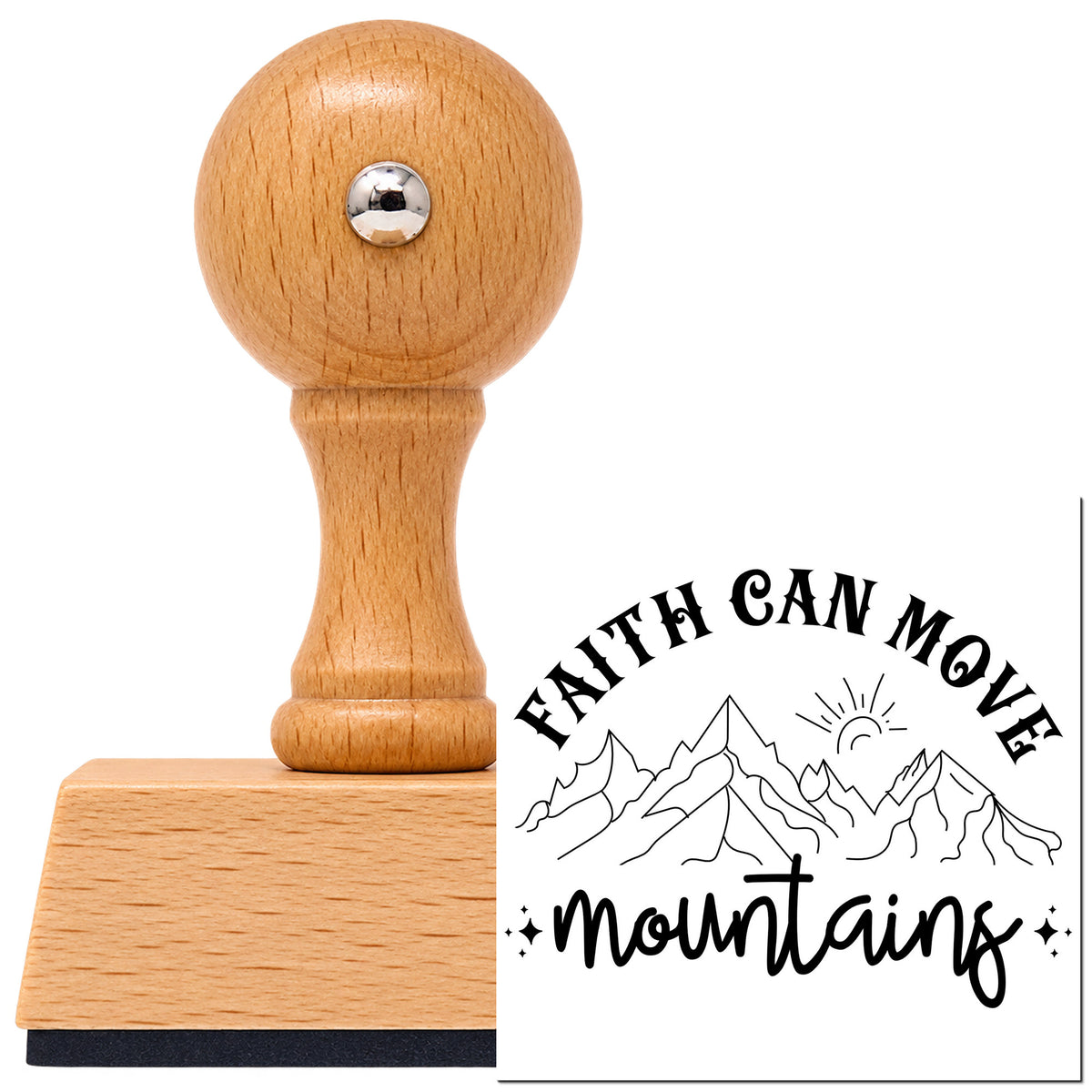 Vintage Pro beech wood stamp with a round knob handle, shown with its black Faith Can Move Outlined Mountains imprint on white.
