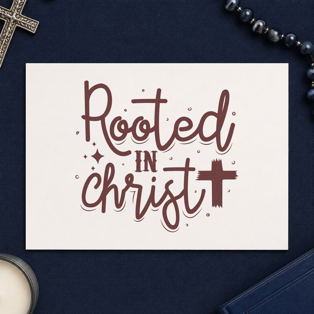 Rooted in Christ Script rubber stamp printed in brown ink, ready for bible study pages and similar paper crafts.