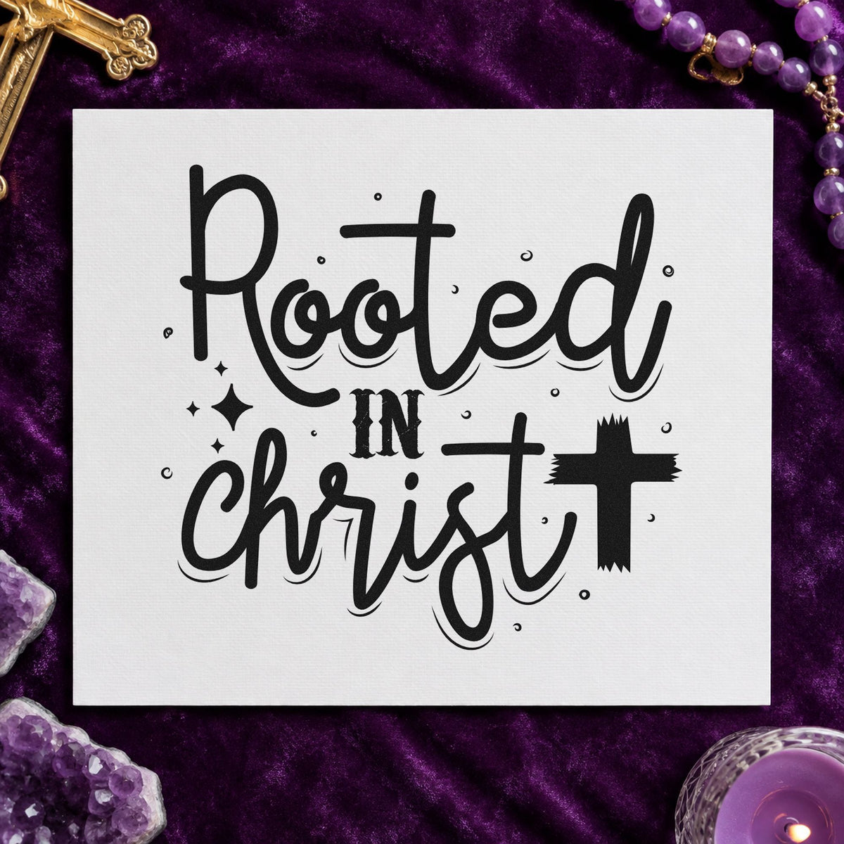Rooted in Christ Script rubber stamp printed in black ink, ready for rooted script cards and similar paper crafts.