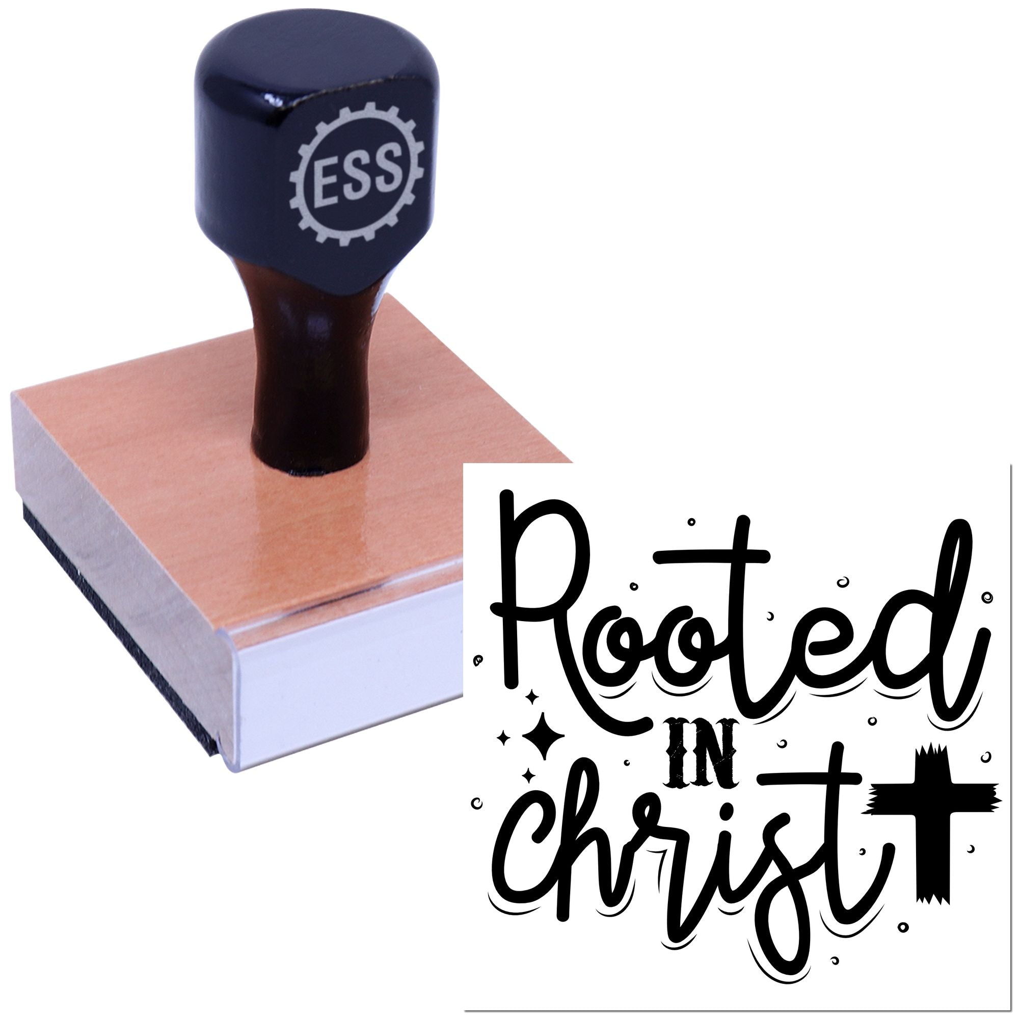 Black ESS stamp on a copper-toned block beside a black Rooted in Christ seal with cross and sparkles