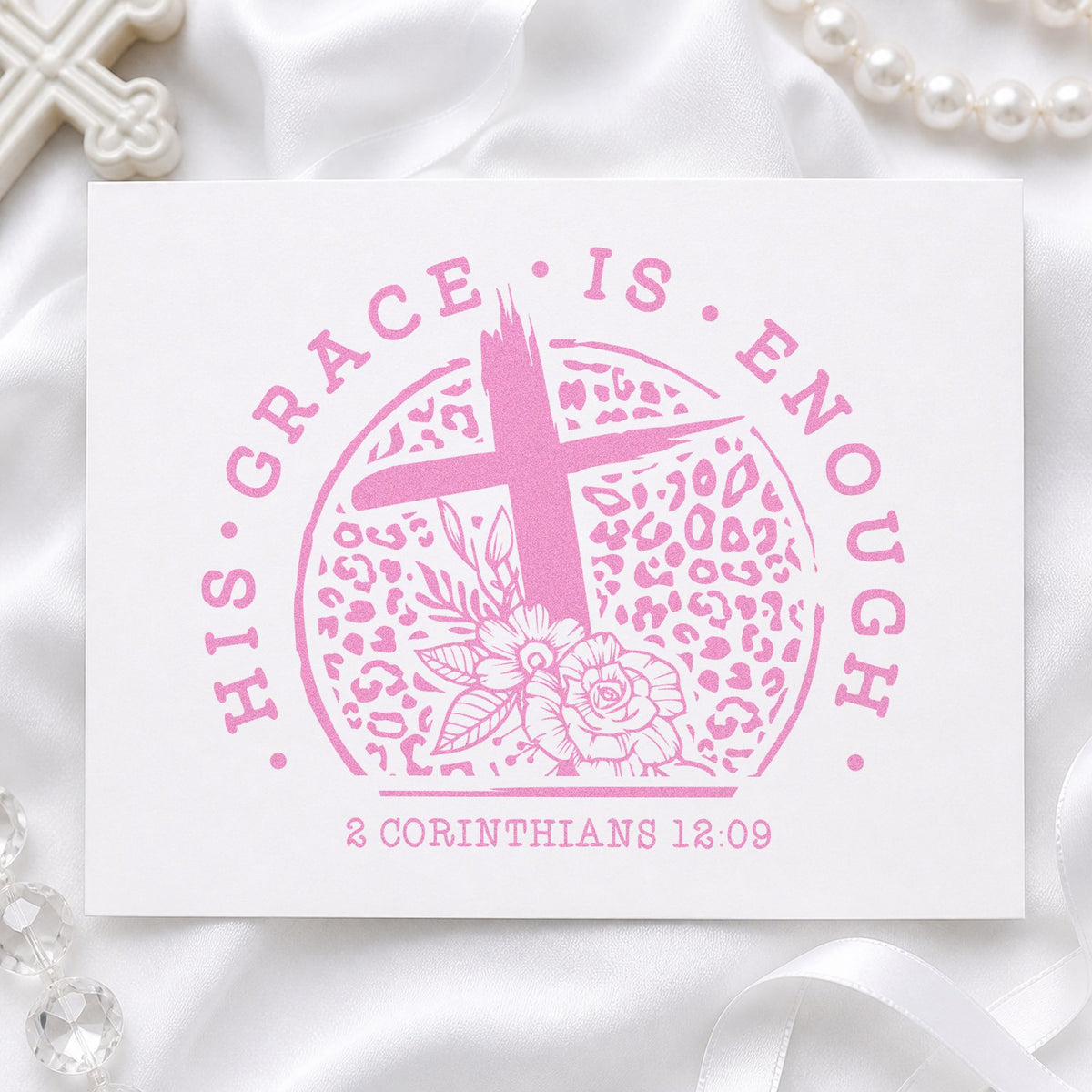His Grace Is Enough Leopard craft stamp in purple ink on cardstock, an easy option for boutique hang tags.