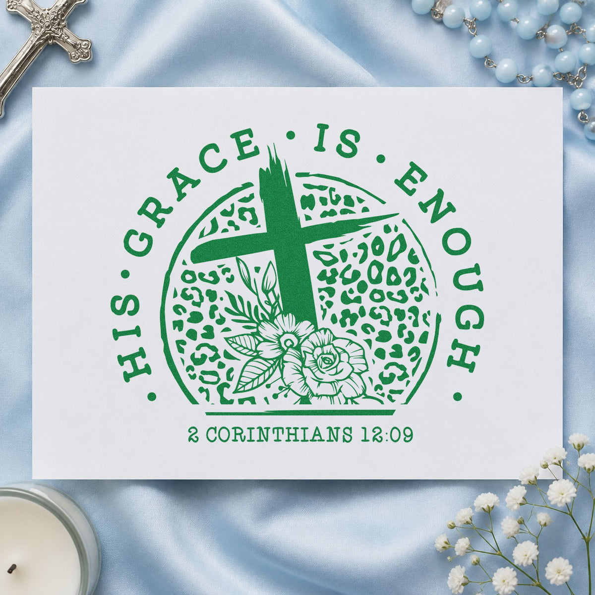 His Grace Is Enough Leopard craft stamp imprint in green ink on a handmade project, one idea being makeup bag liners.