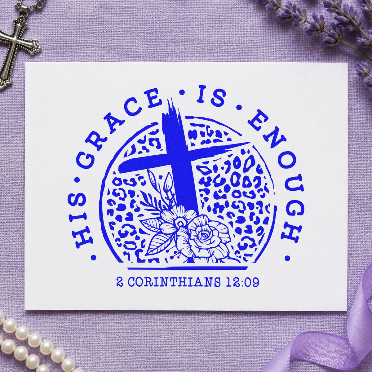 His Grace Is Enough Leopard craft stamp in blue ink on cardstock, an easy option for leopard print totes.