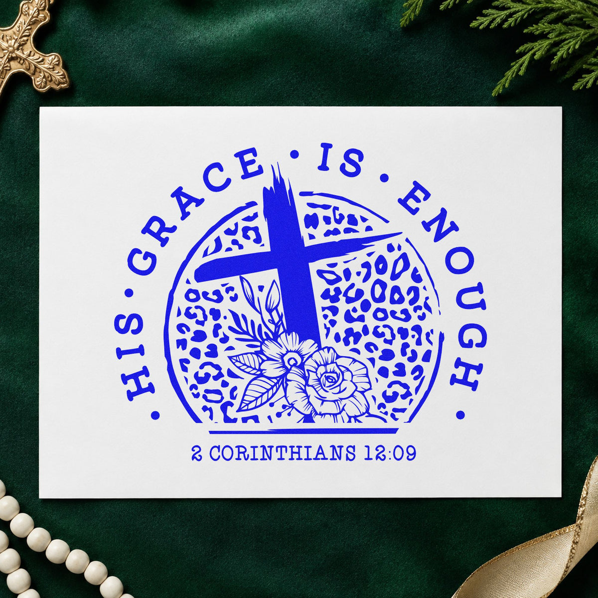 His Grace Is Enough Leopard craft stamp imprinted in blue ink on paper, a design suited to salon thank-yous.