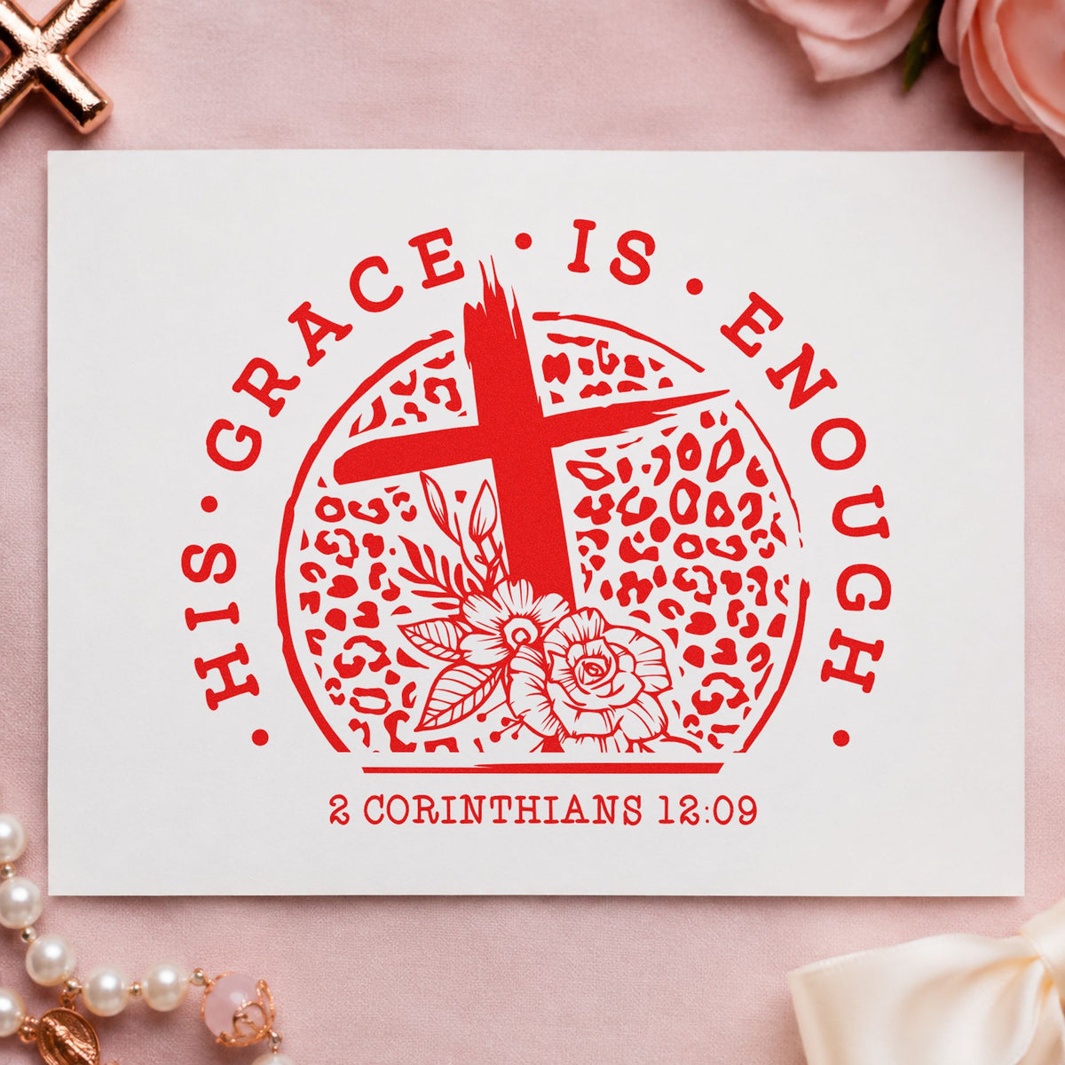 His Grace Is Enough Leopard rubber stamp shown in red ink, stamped for projects such as chronic illness notes.