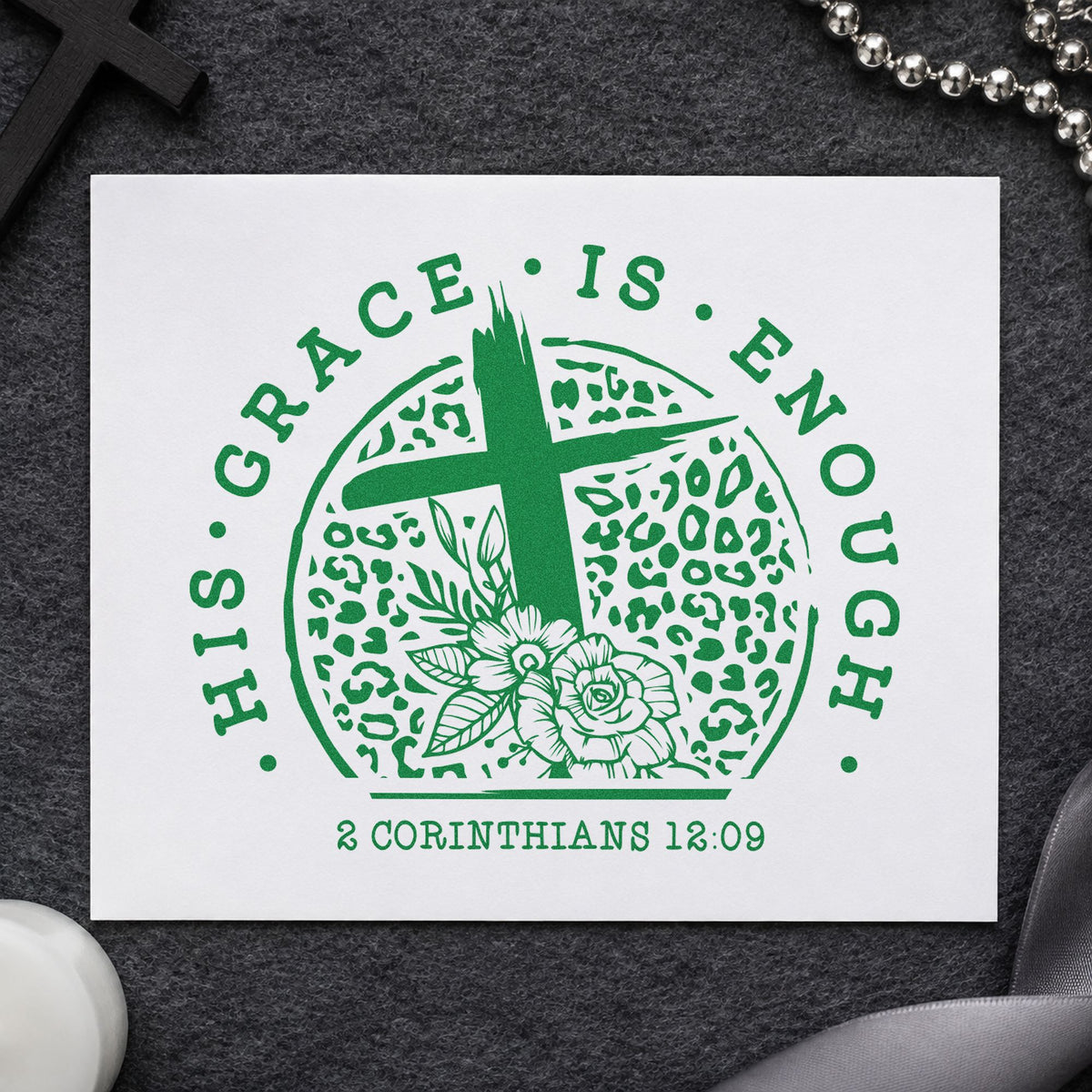 His Grace Is Enough Leopard craft stamp imprint in green ink on a handmade project, one idea being framed closet art.
