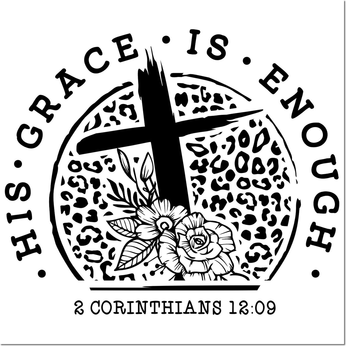 Black Christian stamp seal design with cross, rose, leopard-print circle, and Grace Is Enough with 2 Corinthians 12:09.
