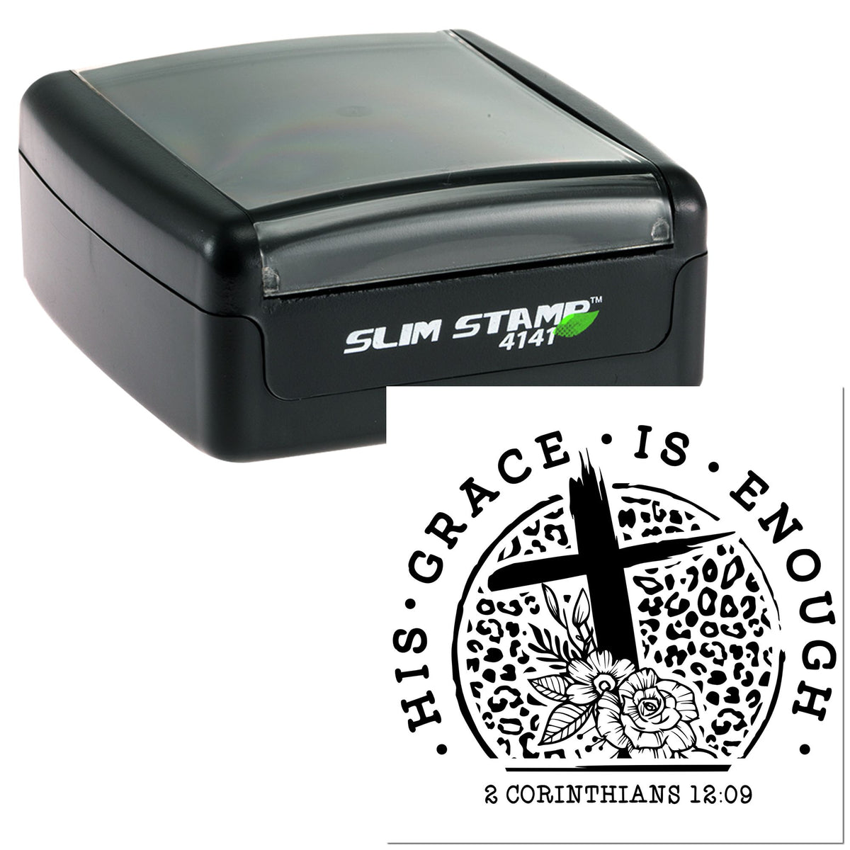 Black Slim Stamp 4141 self-inking stamp with a custom church seal design and floral cross imprint.