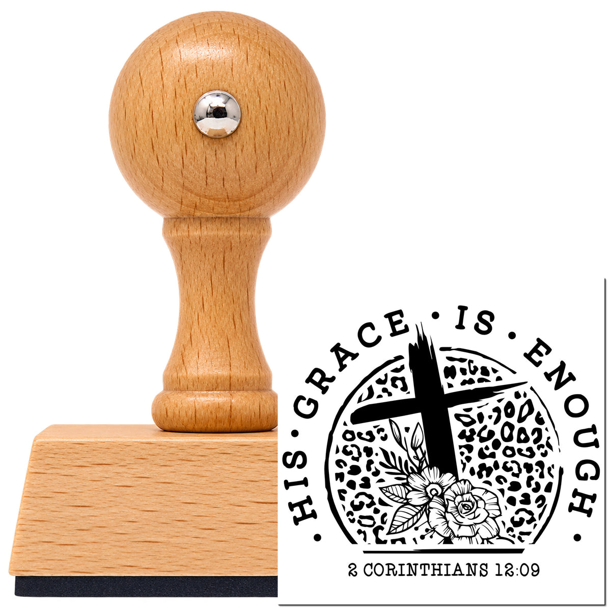 Vintage Pro beech wood stamp with a round knob handle, shown with its black His Grace Is Enough Leopard With Cross imprint on white.