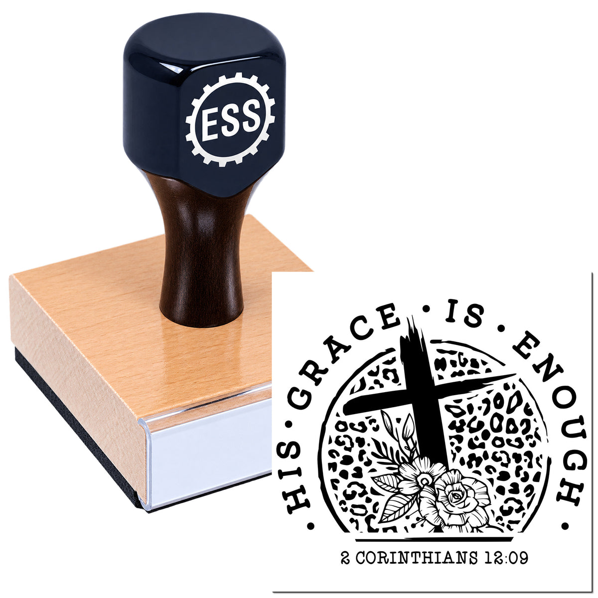 Dark blue ESS custom stamp on a wooden base beside a black Christian seal with cross, flowers and "This Grace Is Enough"