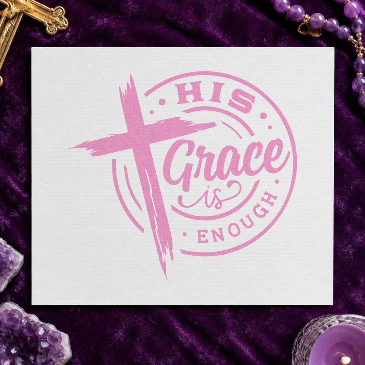 His Grace Is Enough Badge craft stamp in purple ink on cardstock, an easy option for communion cup tags.
