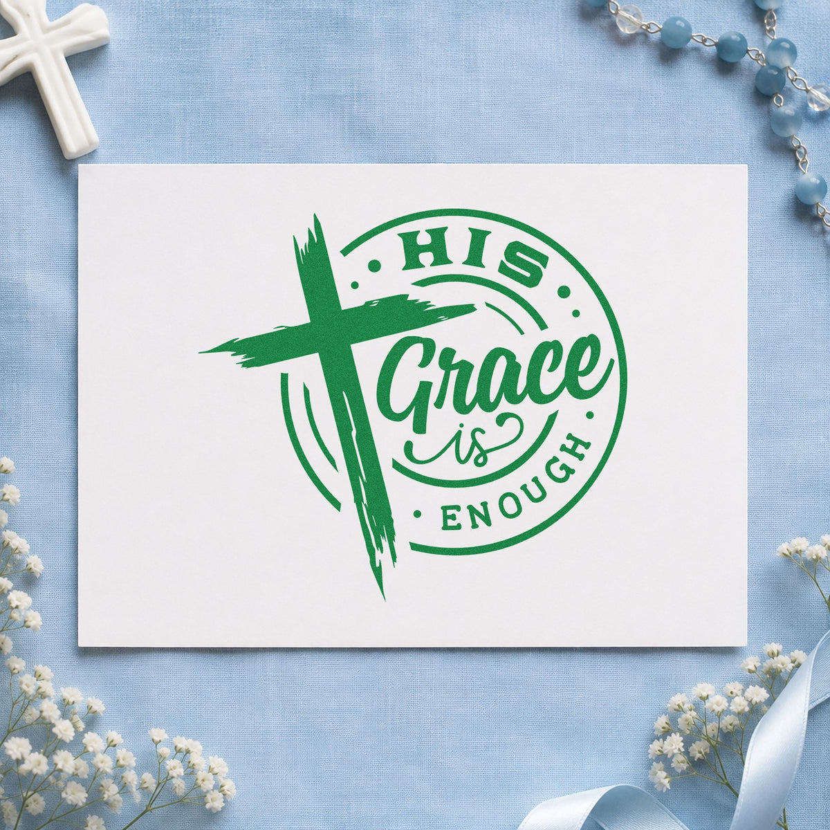 His Grace Is Enough Badge craft stamp imprint in green ink on a handmade project, one idea being recovery chip cards.