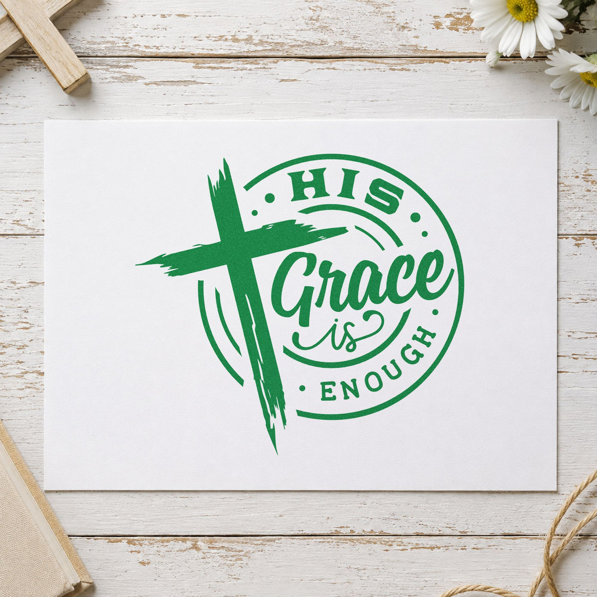 His Grace Is Enough Badge craft stamp imprint in green ink on a handmade project, one idea being framed study art.