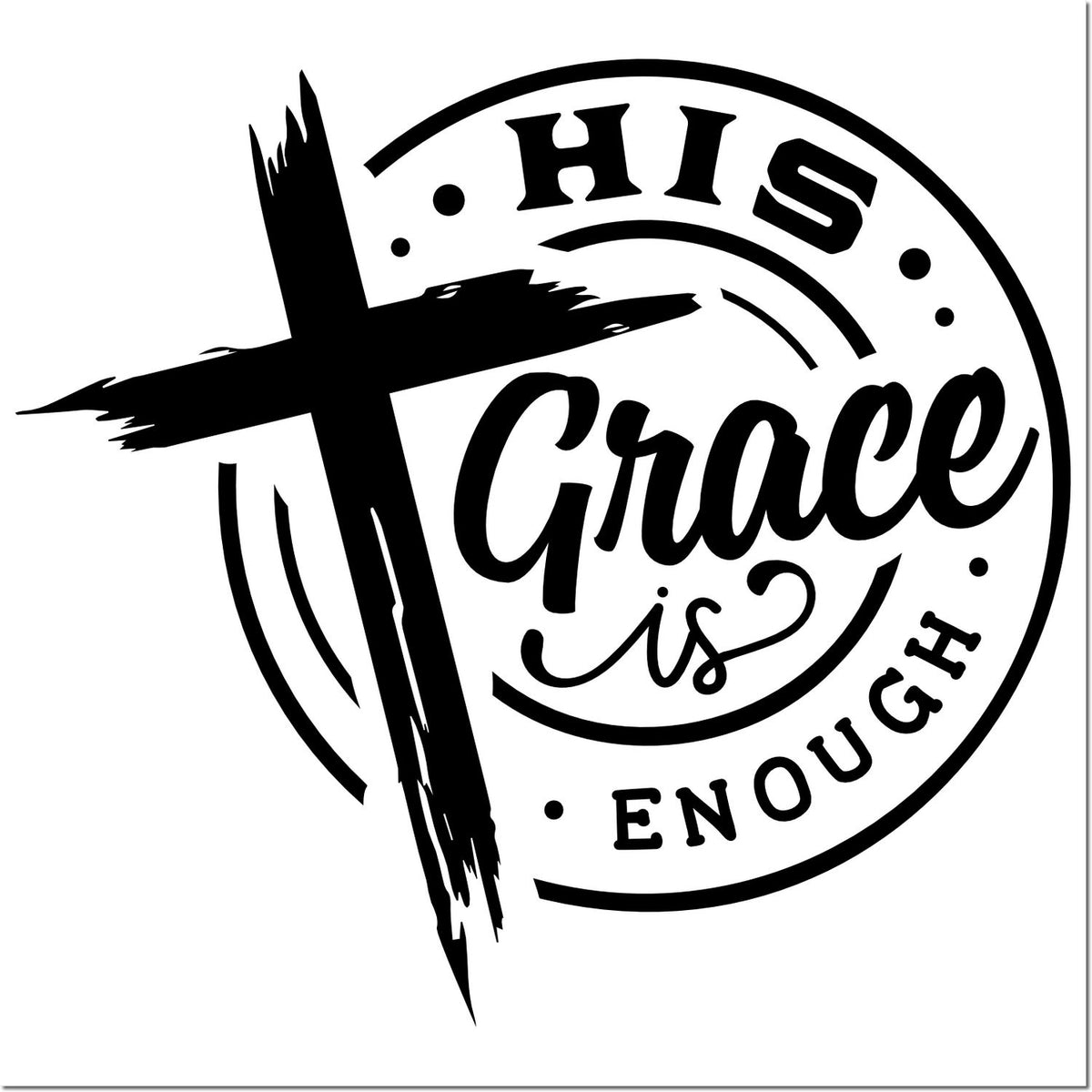Black-and-white circular stamp seal with a cross and the words His Grace is Enough in bold script.