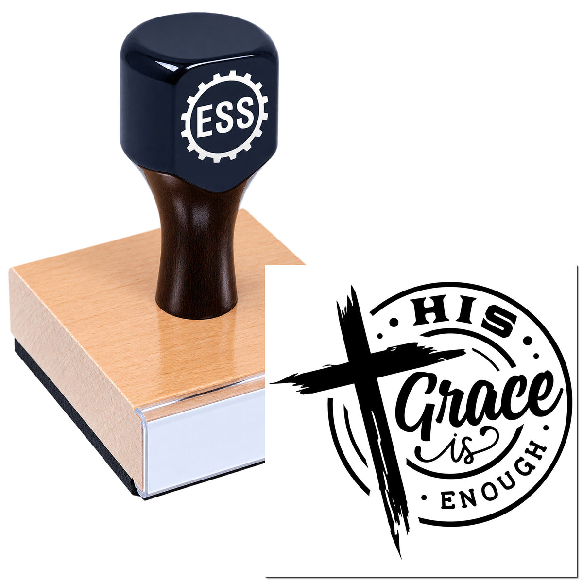 Dark navy rubber stamp and black seal design on a wooden block with "His Grace is Enough" text.