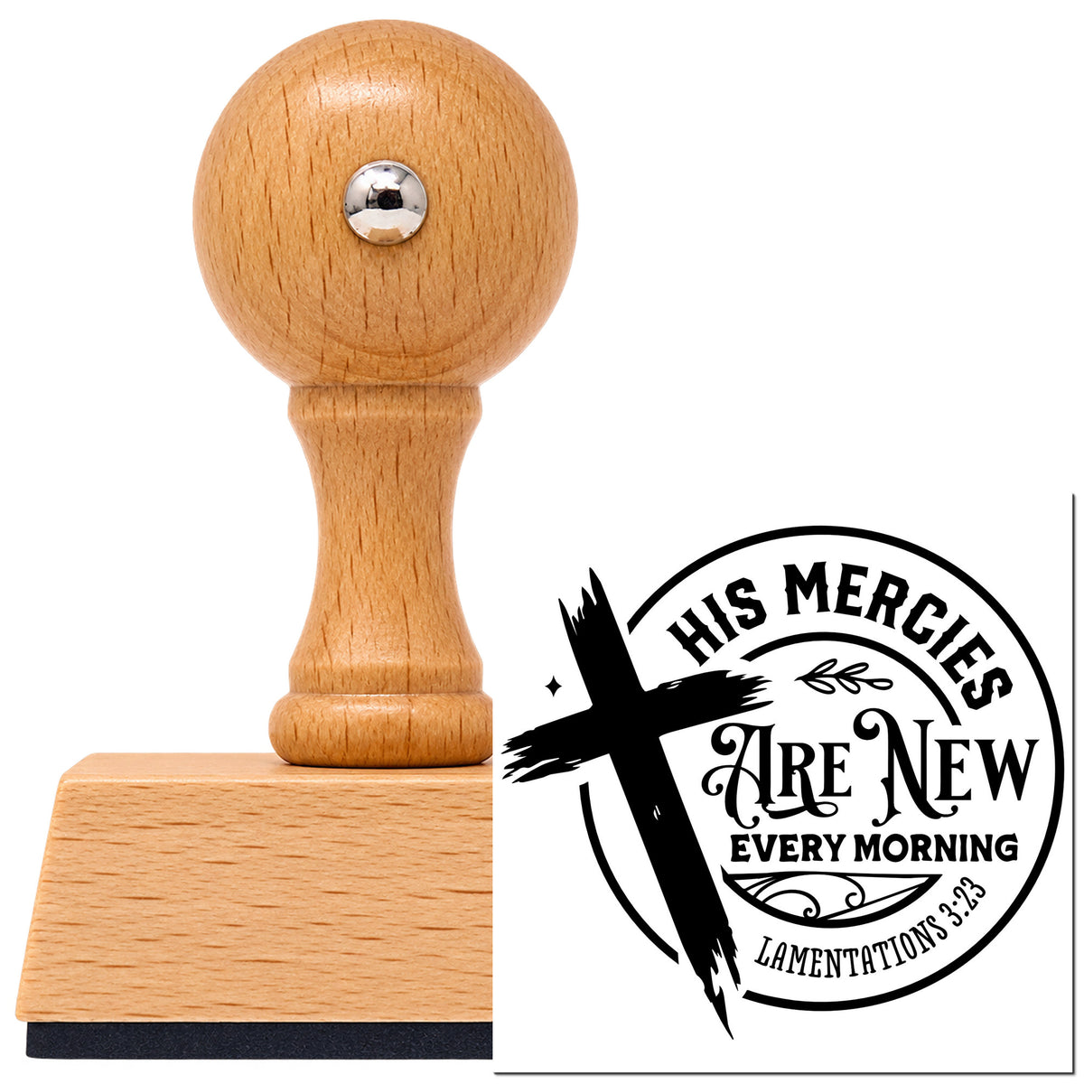 Vintage Pro beech wood stamp with a round knob handle, shown with its black Mercies New Every Morning Badge imprint on white.