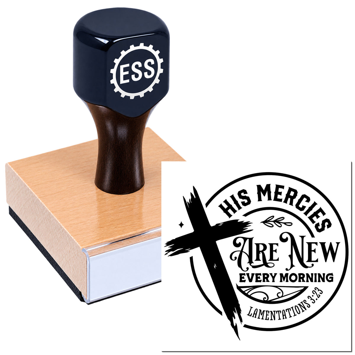 Dark navy ESS rubber stamp on wooden block beside black circular seal reading "His mercies are new every morning" with cross.