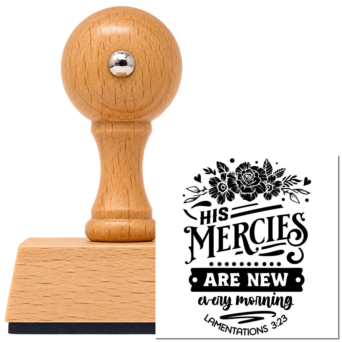 Vintage Pro beech wood stamp with a round knob handle, shown with its black New Mercies Solid Roses imprint on white.