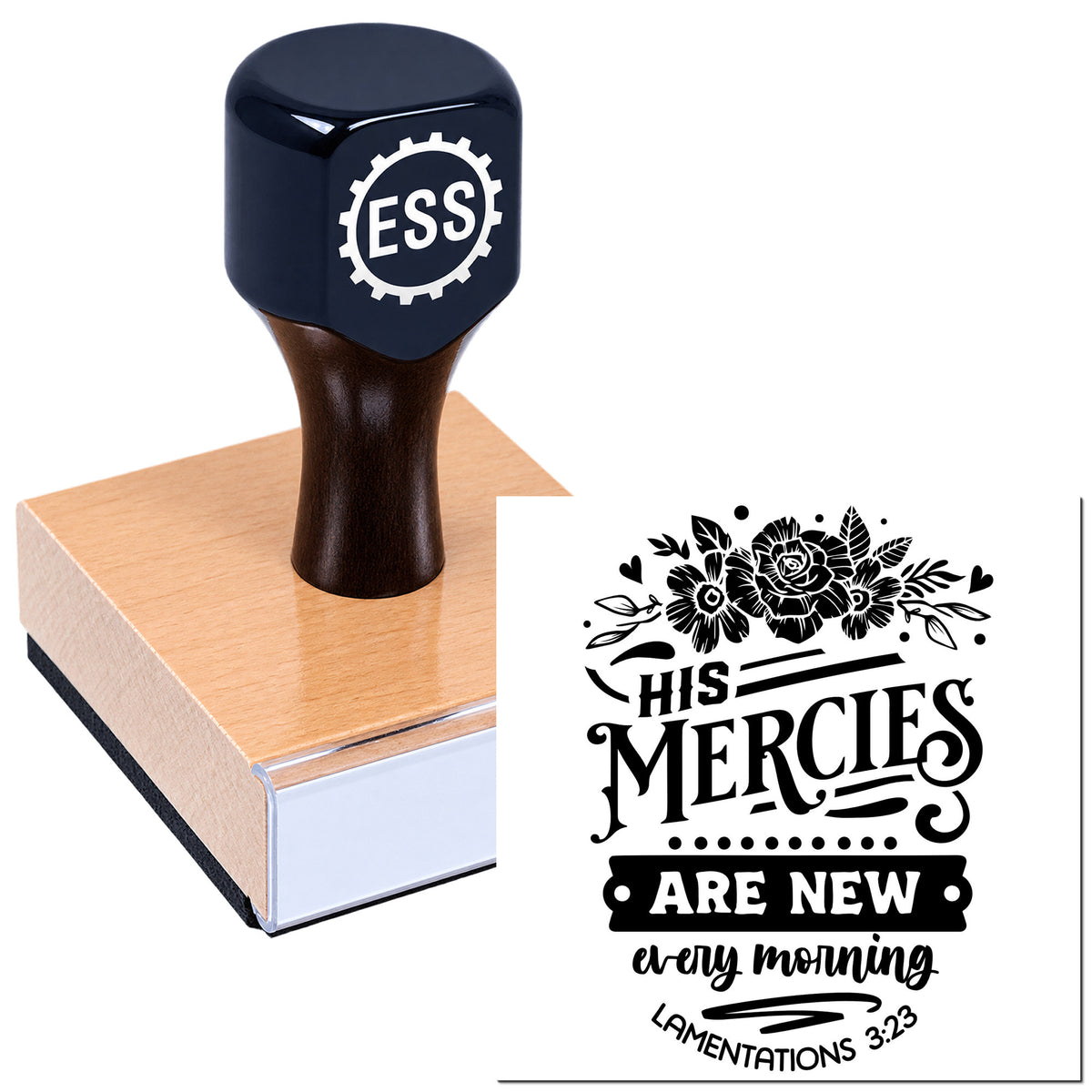 Black self-inking stamp on a pink wood block with floral seal design and "His Mercies Are New Every Morning" text.