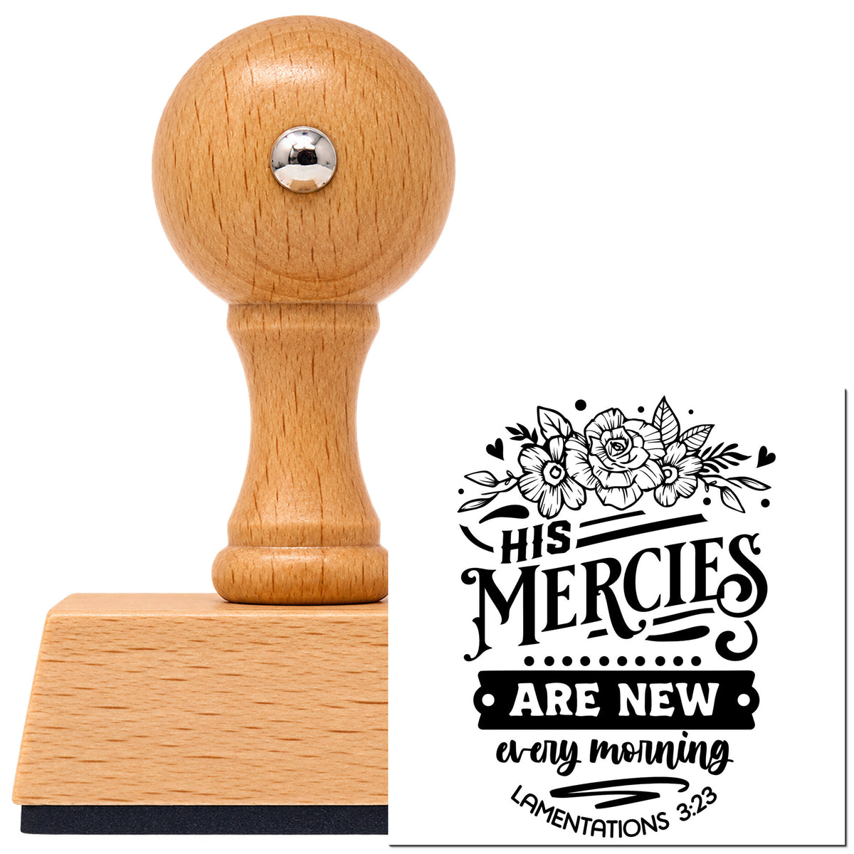 Vintage Pro beech wood stamp with a round knob handle, shown with its black New Mercies Outline Roses Botanical Sprig imprint on white.