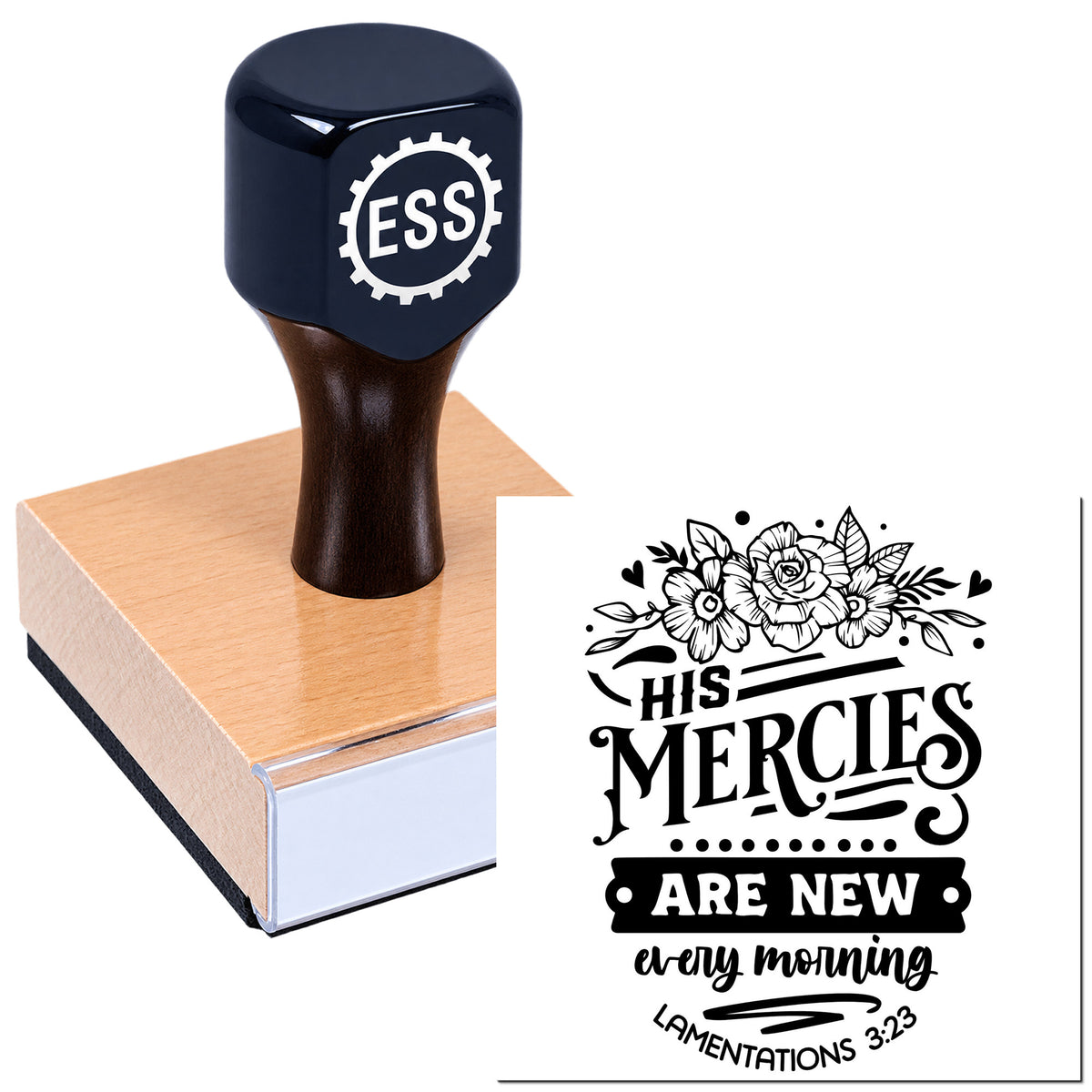 Black rubber stamp with ESS logo on a copper base beside a floral religious seal reading "His mercies are new every morning."