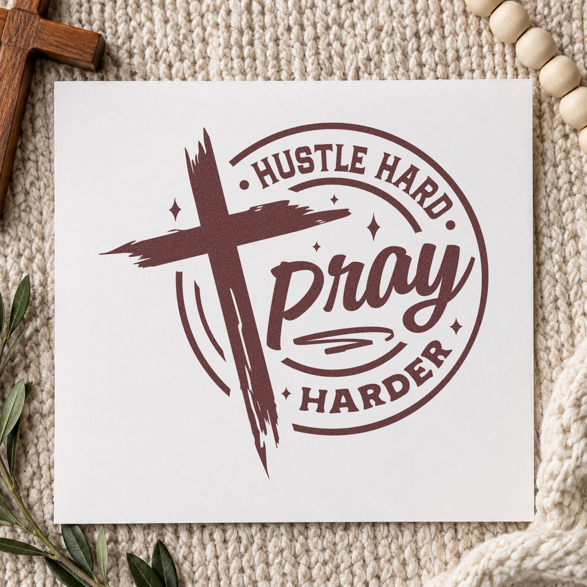 Hustle Hard Pray Harder rubber stamp printed in brown ink, ready for goal planner pages and similar paper crafts.