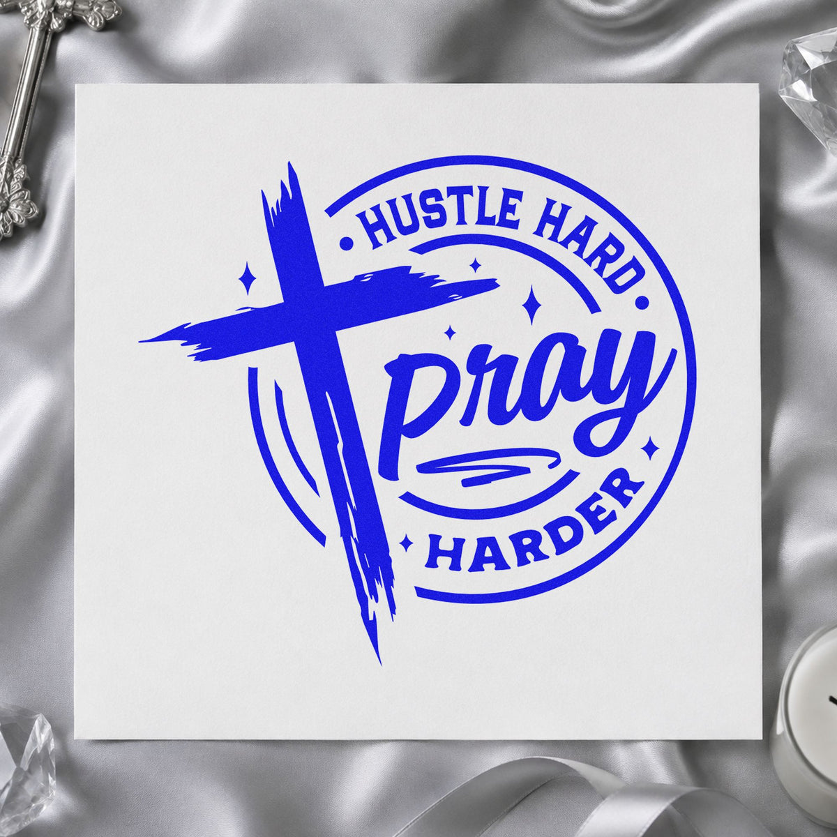 Hustle Hard Pray Harder craft stamp in blue ink on cardstock, an easy option for gym bag totes.